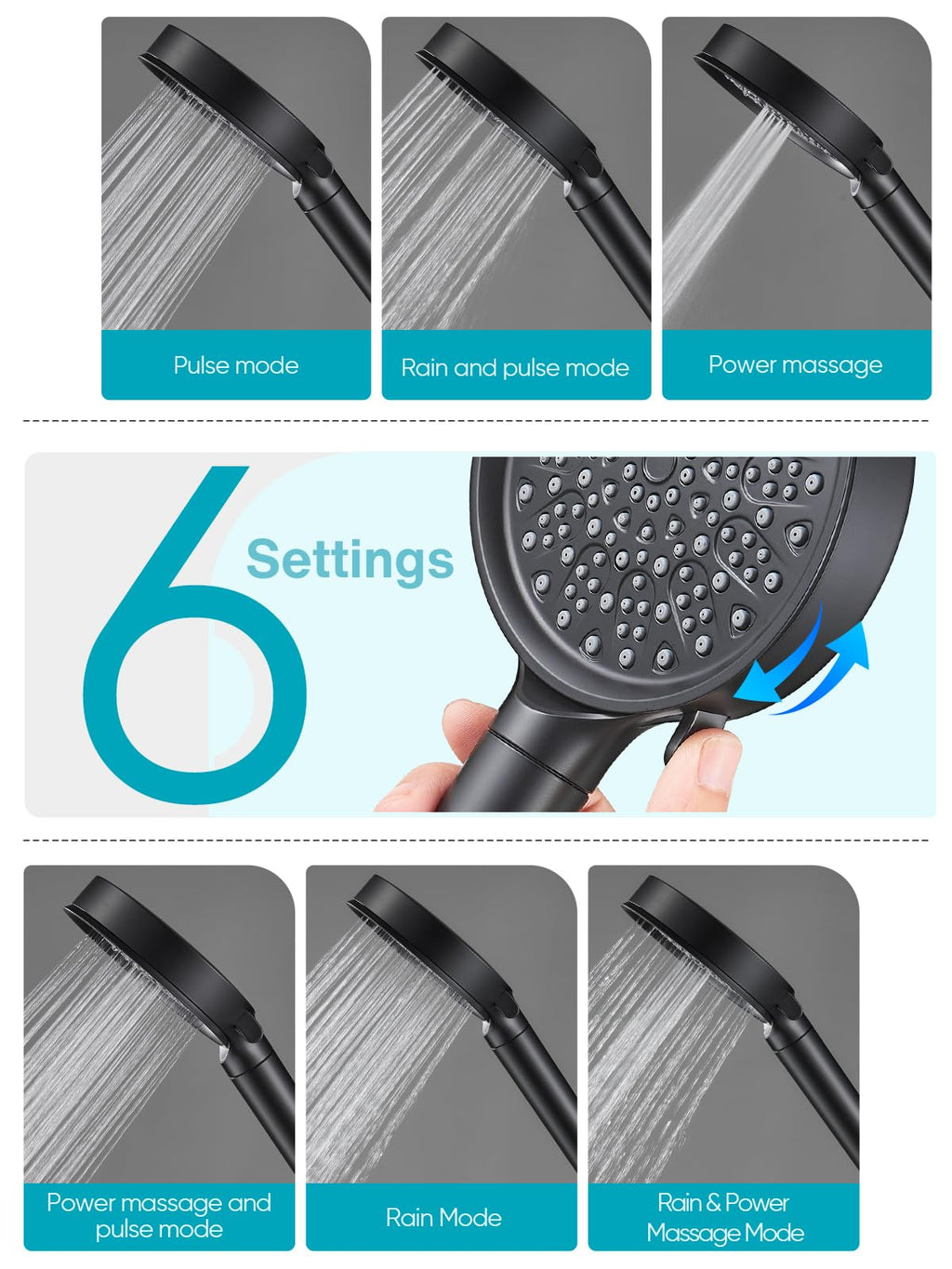 Cobbe Handheld Showerhead with Filter, High Pressure 6 Spray Pattern Showerhead with Holder, Hose and Water Softener Filters Beads for Hard Water Dechlorination, Black