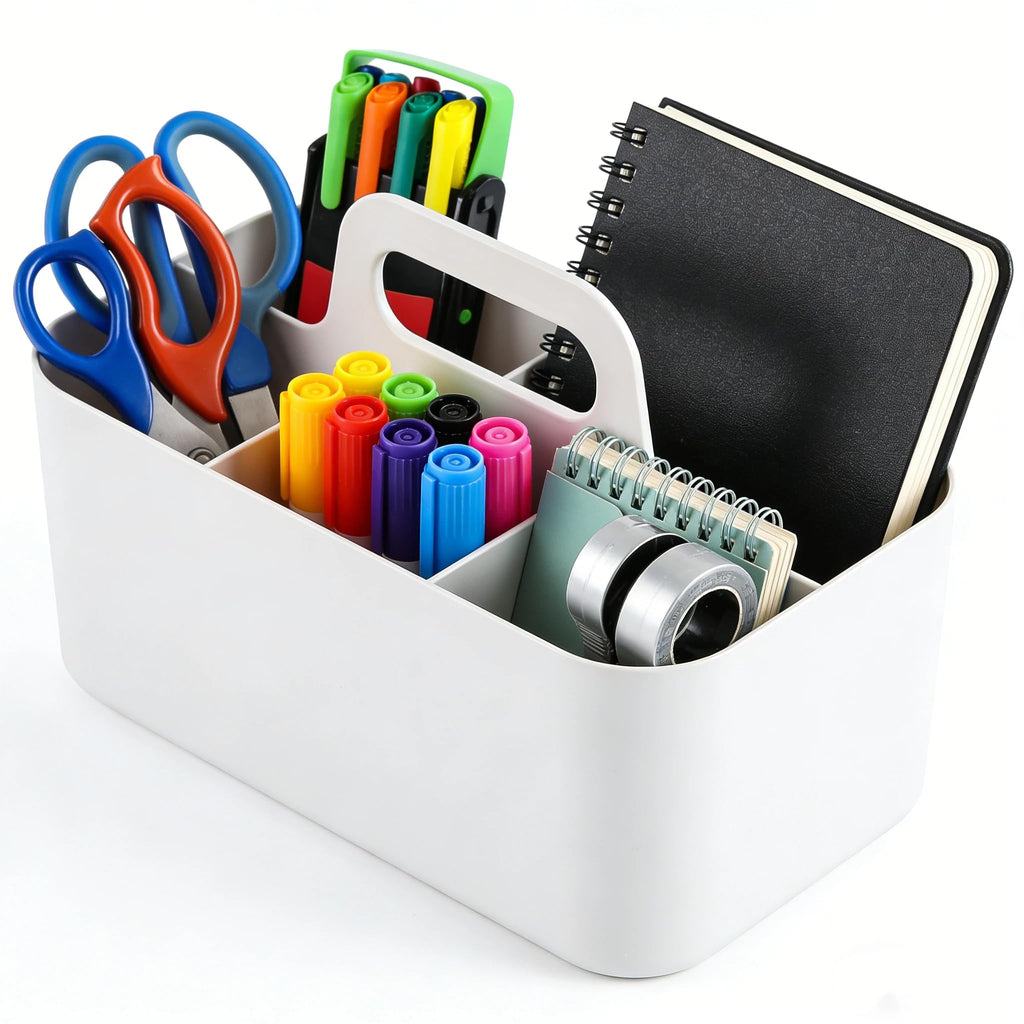 Jucoan 2 Pack Desk Organizer Caddy, Stackable Plastic Makeup Storage Baskets with Adjustable Dividers, 5 Compartments Portable Tote Bin for Bathroom Counter, Desk, Office Supplies Organization (Beige)