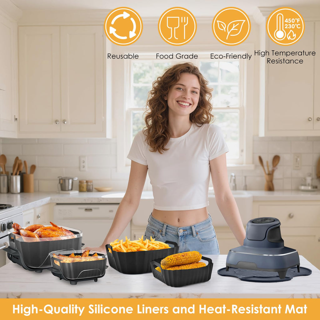 DBNESS 2 PCS Silicone Air Fryer Liners for Ninja Crispi 4 QT & 6 Cup Containers, Anti-Slip Silicone Heat Resistant Mat, Reusable Air Fryer Accessories Compatible with Ninja Crispi FN101GY/FN101CGY
