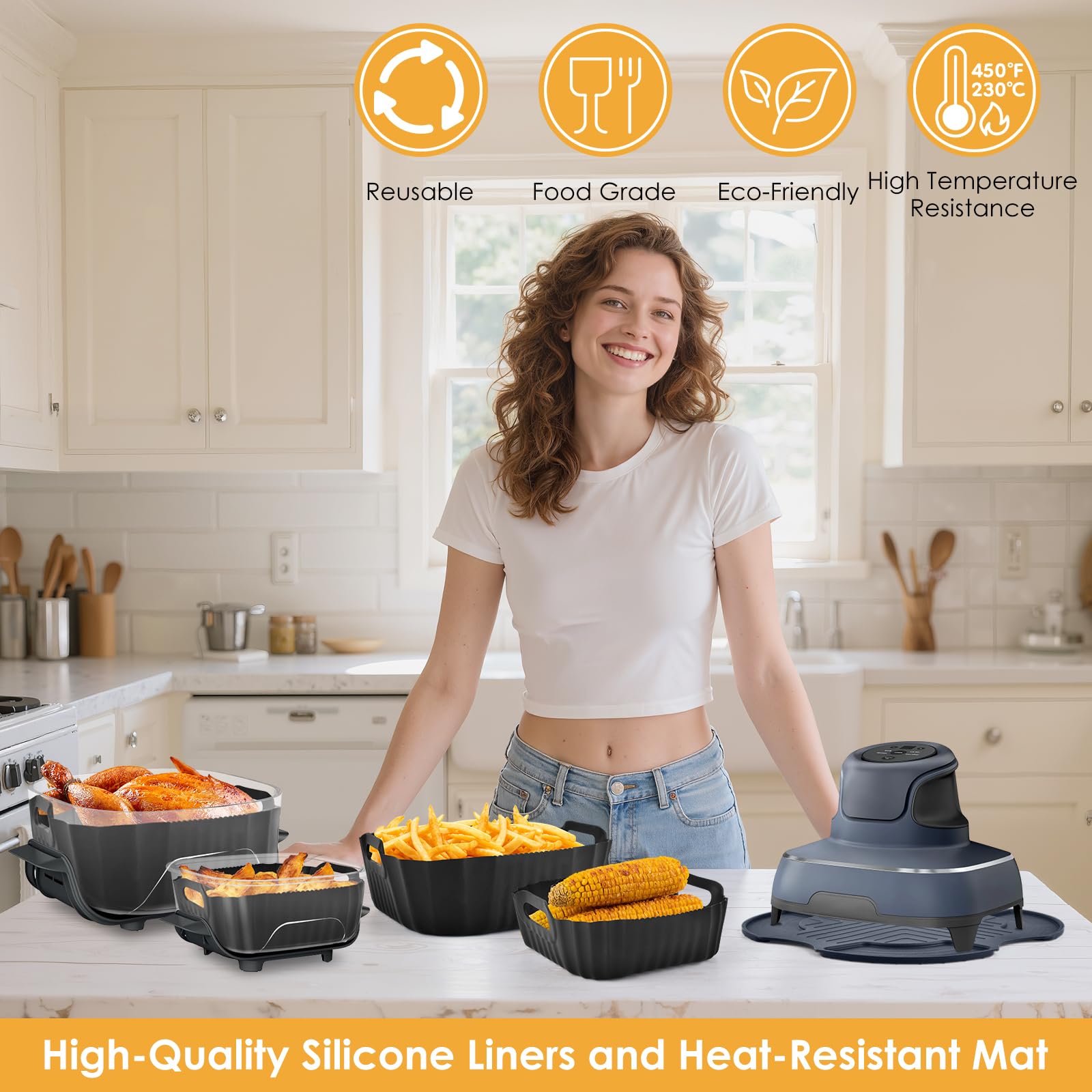 DBNESS 2 PCS Silicone Air Fryer Liners for Ninja Crispi 4 QT & 6 Cup Containers, Anti-Slip Silicone Heat Resistant Mat, Reusable Air Fryer Accessories Compatible with Ninja Crispi FN101GY/FN101CGY