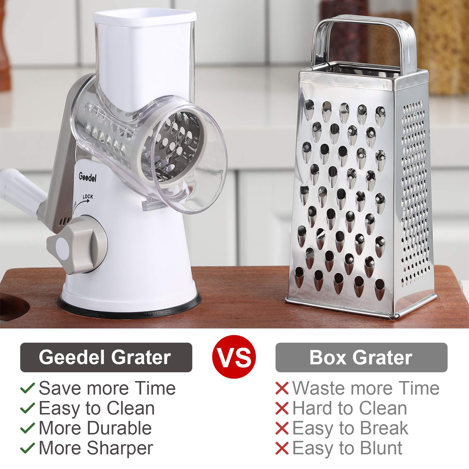 Geedel Kitchen Cheese Grater, Rotary Mandoline Vegetable Slicer with Interchangeable Blades, Easy to Use Rotary Grater Slicer for Fruit, Vegetables, Nuts