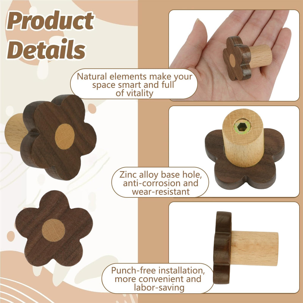 MOROBOR 6pcs Flower Shaped Wooden Cabinet Knobs, Single Hole Walnut Wood Handles Nursery Pulls for Chest of Drawers with Screws & Expansion Tube