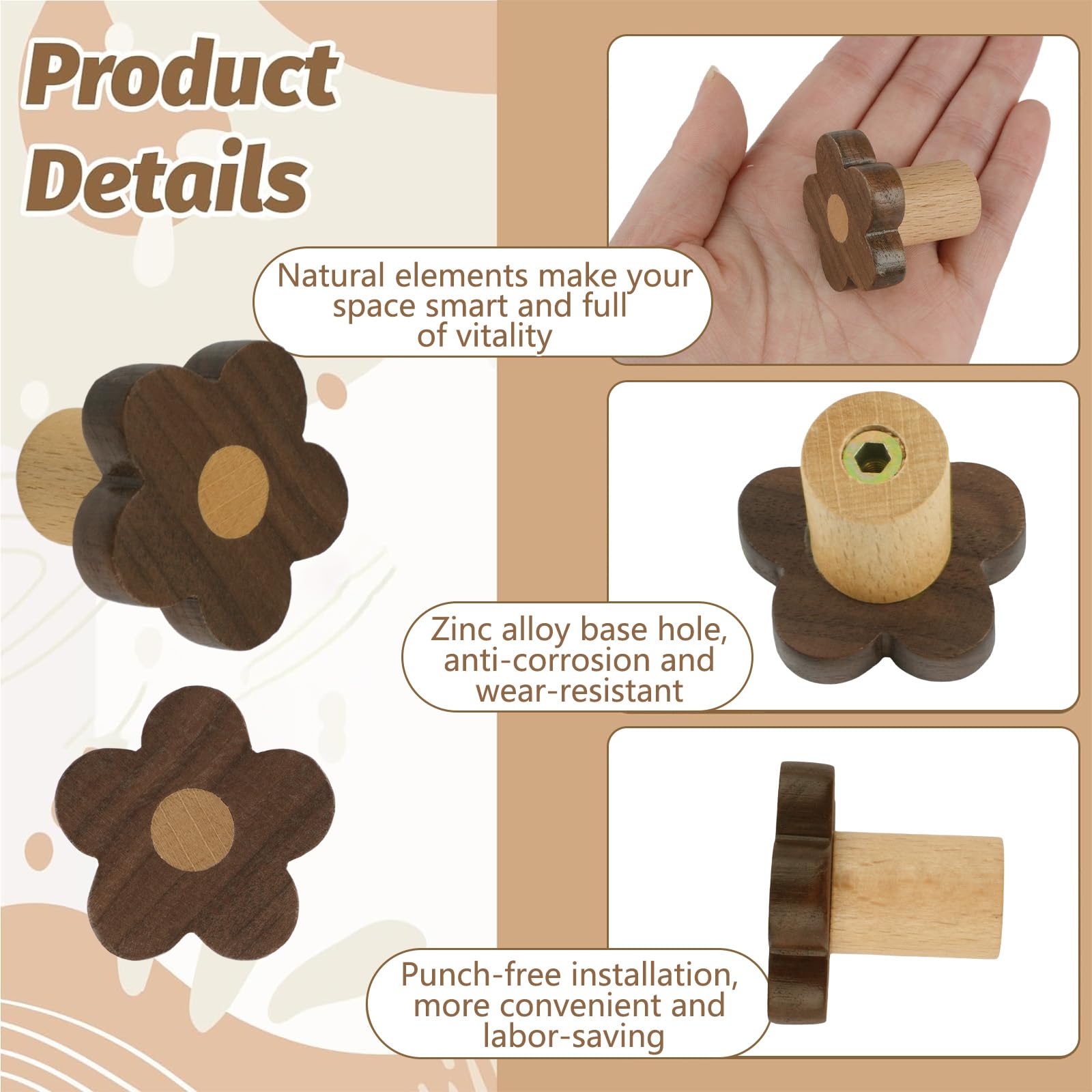 MOROBOR 6pcs Flower Shaped Wooden Cabinet Knobs, Single Hole Walnut Wood Handles Nursery Pulls for Chest of Drawers with Screws & Expansion Tube