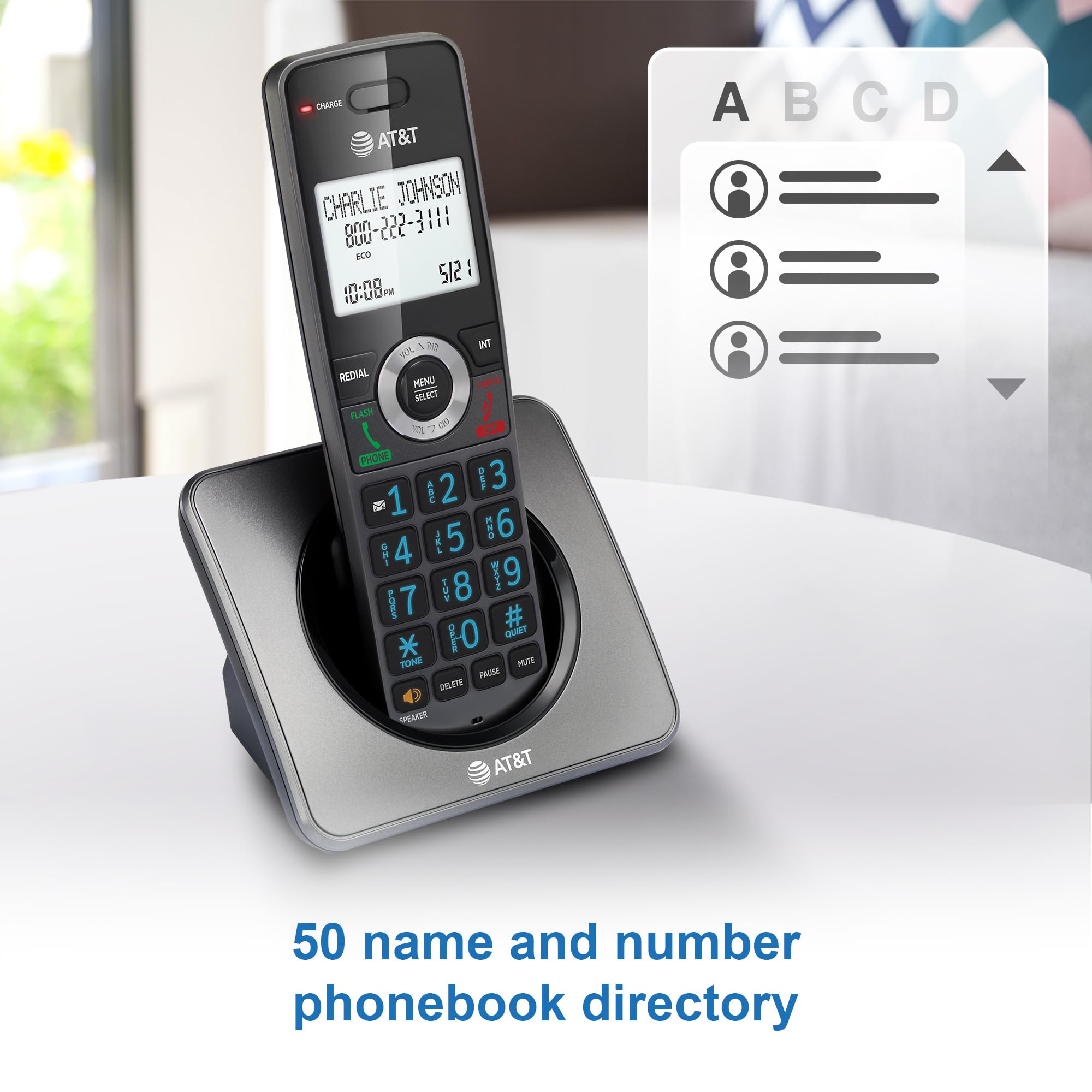 AT&T GL2101 DECT 6.0 Cordless Home Phone with Call Block, Caller ID, Full-Duplex Handset Speakerphone, 2" White Backlit Display, Lighted Keypad (Graphite & Black)