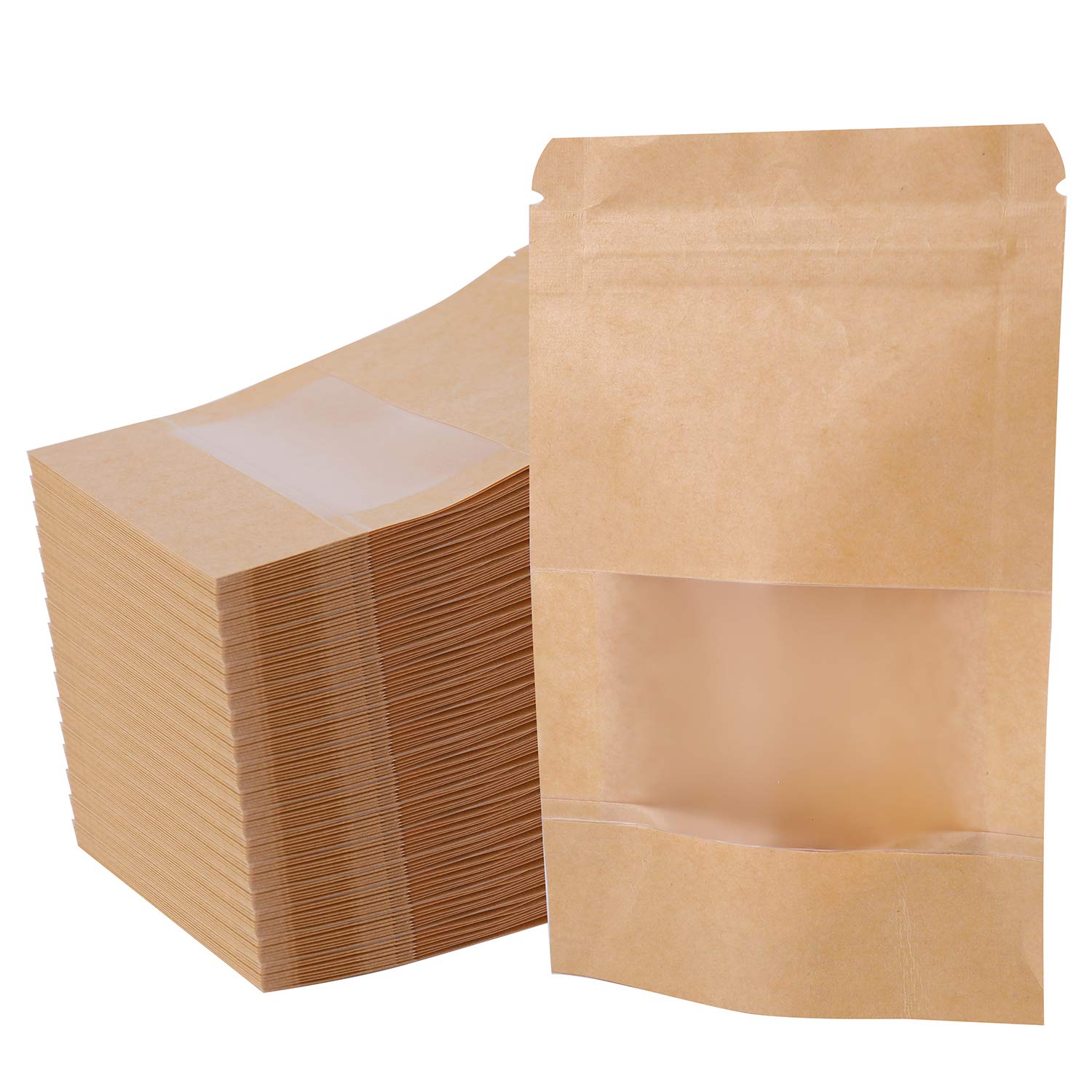 Kingrol 300 Count 3.5 x 5.5 Inch Kraft Paper Bags with Resealable Lock Seal Zipper &Transparent Window, Stand Up Food Bags