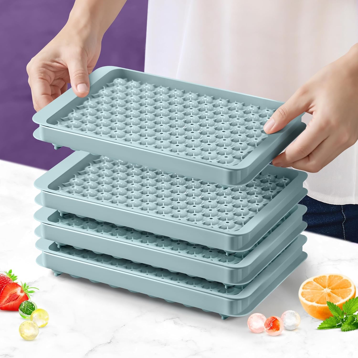 Oillase Mini Ice Cube Trays, Small Tiny Round Pebble Crushed Nugget Ice Trays for Freezer with Lid - Chilling Drinks Coffee Juice(4 Pack/0.55In - Blue)