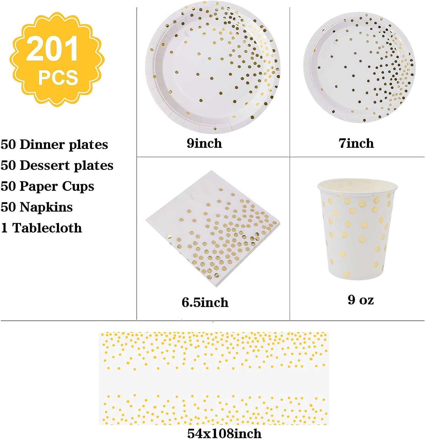 201Pcs White and Gold Paper Plates Party Supplies for 50 Guests,Disposable Party Decorations Dinnerware Gold Dot Paper Plates Napkins Cups Tablecloth for Birthday Wedding Babyshower