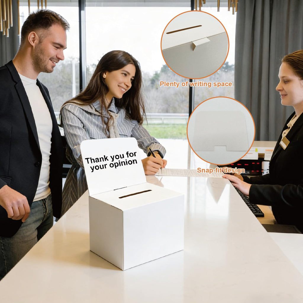 rzoixuur 36 Pack Suggestion box，Raffle boxes with slot，Donation boxes for fundraising，White cardboard boxes6.5x4.5x4.5Inch，Ballot box with slot，For Collecting Business Card Voting Contest