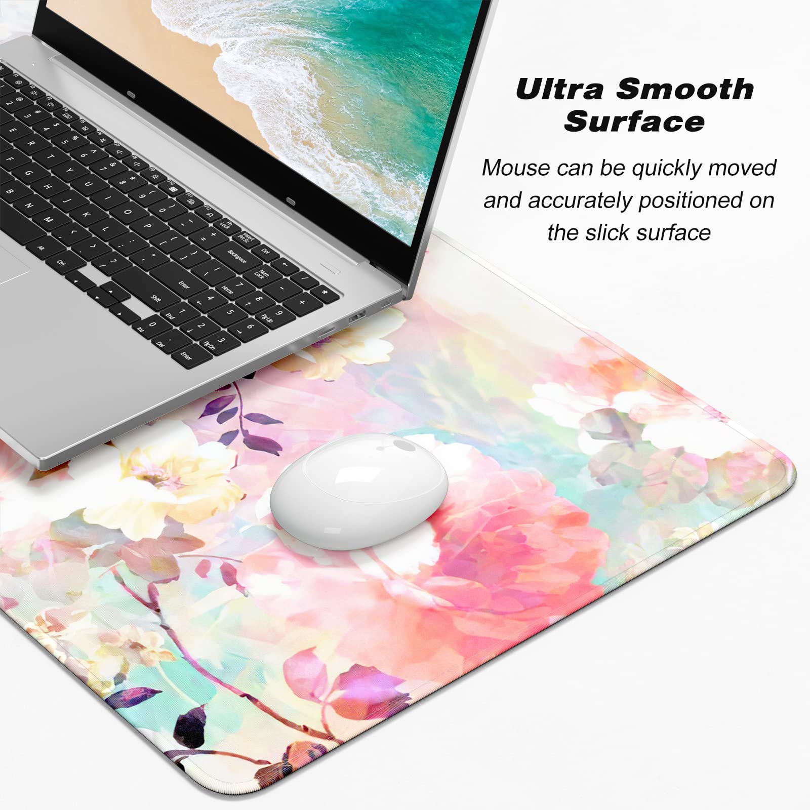 Atufsuat Extended Gaming Mouse Pad, XXL Large Desk Pad 30 x 14 Inch, Big Computer Keyboard Mousepad, Waterproof Mouse Mat with Stitched Edges and Non-Slip Base for Women Office Gaming, Flower