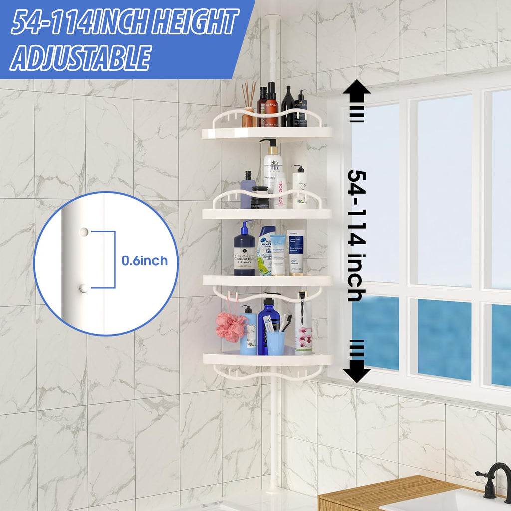 CALCHELE Shower Caddy Corner for Bathroom, Rustproof Bathtub Shower Storage Organizer for Shampoo Accessories, 4-Tier Adjustable Shelves with Tension Pole, 54 to 114 Inch White