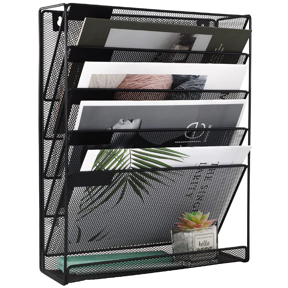 EASEPRES Mesh Hanging Wall File Holder Organizer Storage 6-Tier Black Paper Clipboard Rack Vertical Metal Wall Mounted Files Holder Organization for Office Home School, Black