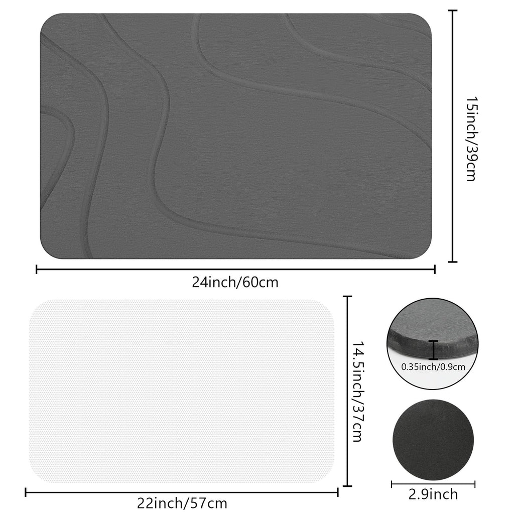 Ceecysaa Stone Bath Mat, Non-Slip Diatomaceous Earth Shower Mat, Quick Drying Bath Mat Stone, Super Absorbent Diatomite Bath Mats for Bathroom Kitchen, Easy to Clean, 60 x 39cm, Dark Gray