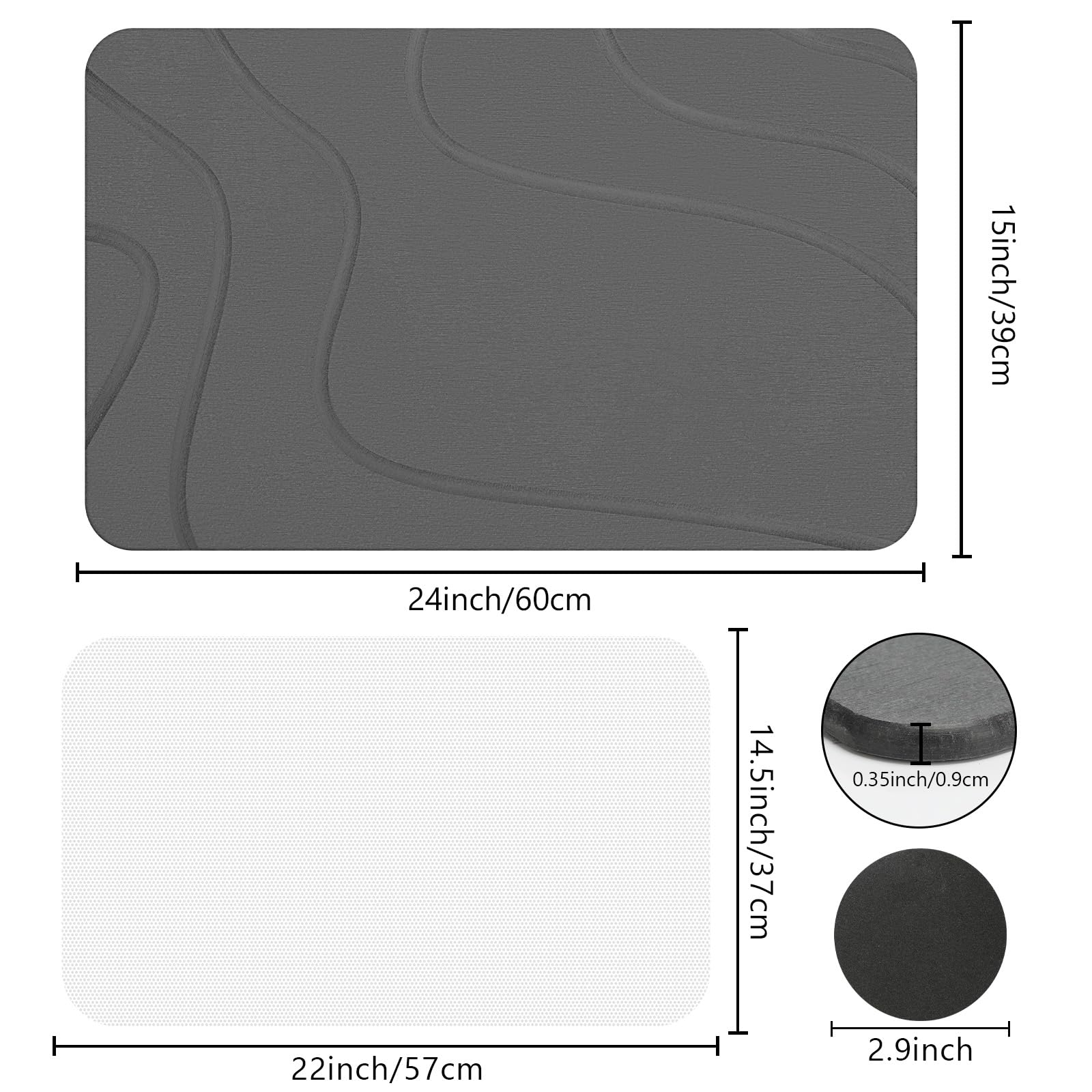 Ceecysaa Stone Bath Mat, Non-Slip Diatomaceous Earth Shower Mat, Quick Drying Bath Mat Stone, Super Absorbent Diatomite Bath Mats for Bathroom Kitchen, Easy to Clean, 60 x 39cm, Dark Gray