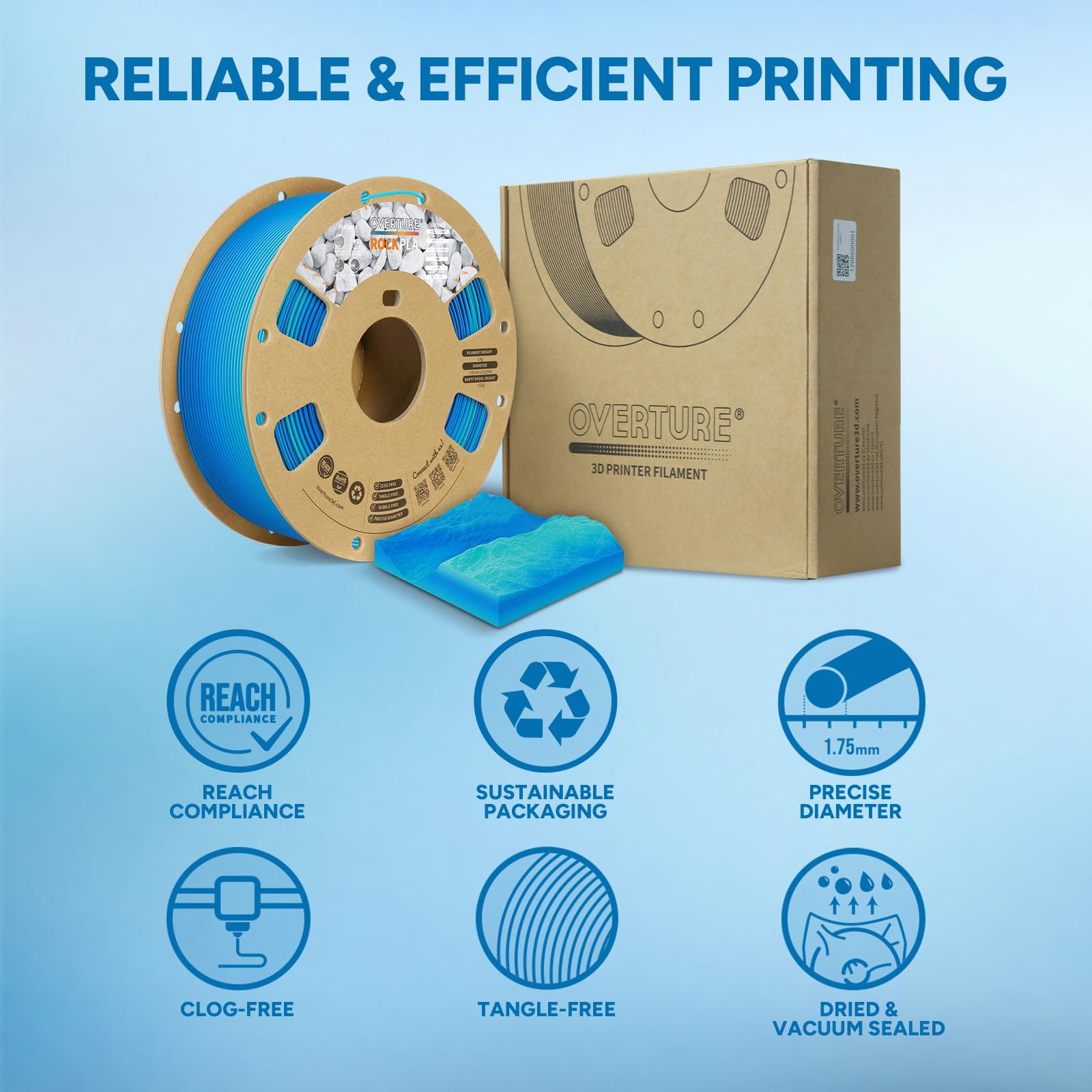 OVERTURE Rock PLA Filament 1.75mm, Marble PLA 3D Printer Filament 1kg Spool (2.2lbs), Dimensional Accuracy +/- 0.02 mm, Fit Most FDM Printer (Barrier Reef)