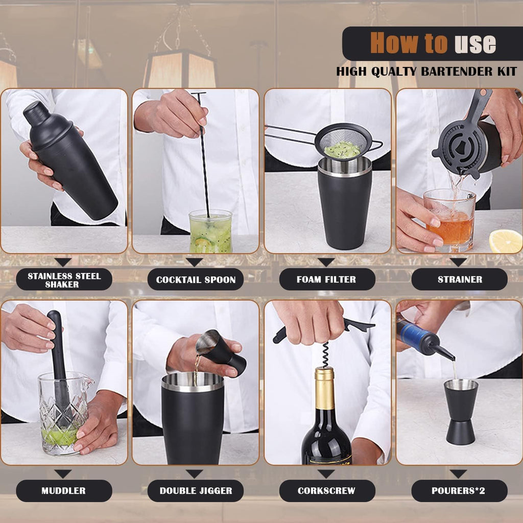 OBALY Bartender Kit | 11-Piece Cocktail Shaker Set with Bamboo Stand | Bar Set for Drink Mixing | Drink Mixer Set with Shaker, Jigger, Strainer, Mixer Spoon, Muddler | Professional Bar Tools