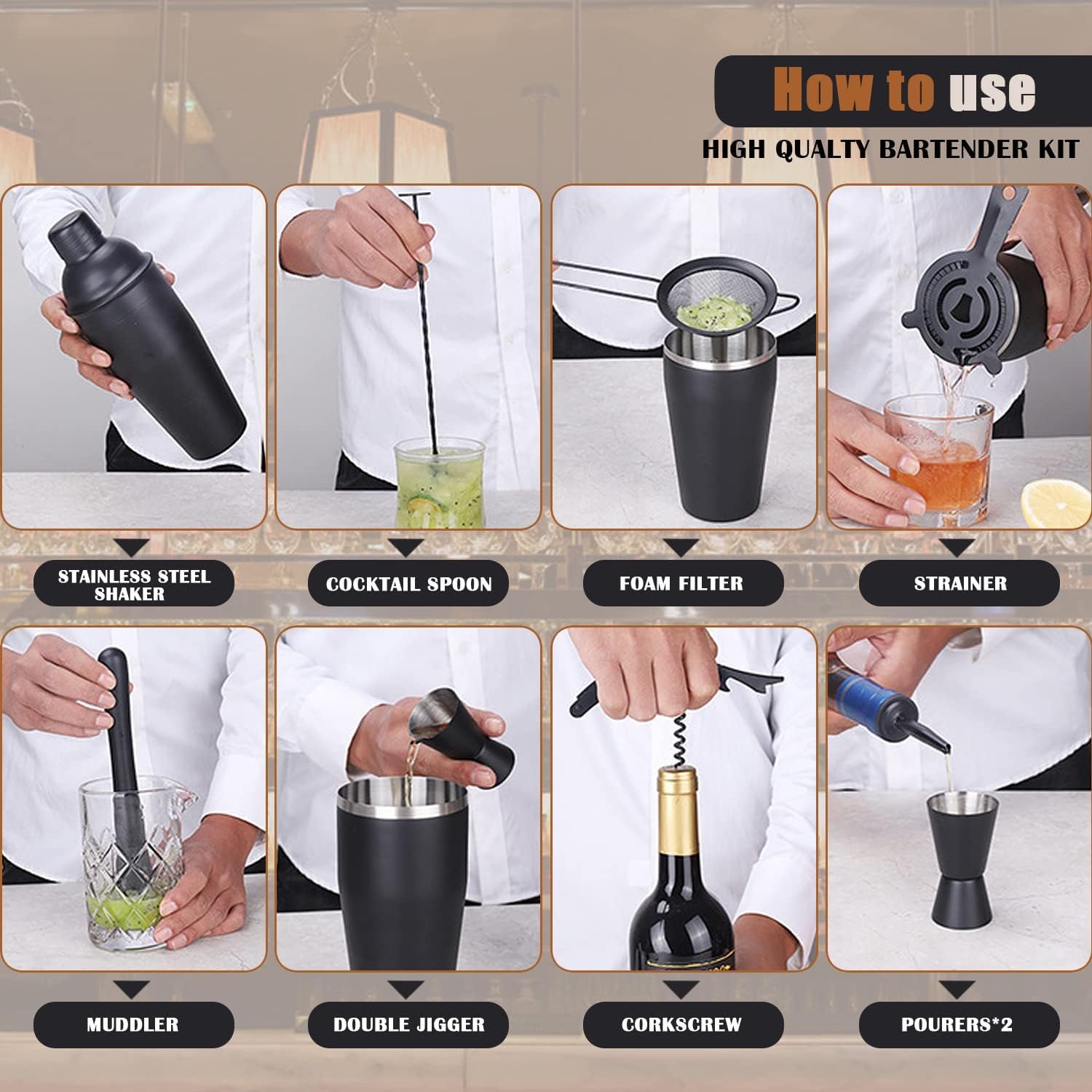 OBALY Bartender Kit | 11-Piece Cocktail Shaker Set with Bamboo Stand | Bar Set for Drink Mixing | Drink Mixer Set with Shaker, Jigger, Strainer, Mixer Spoon, Muddler | Professional Bar Tools