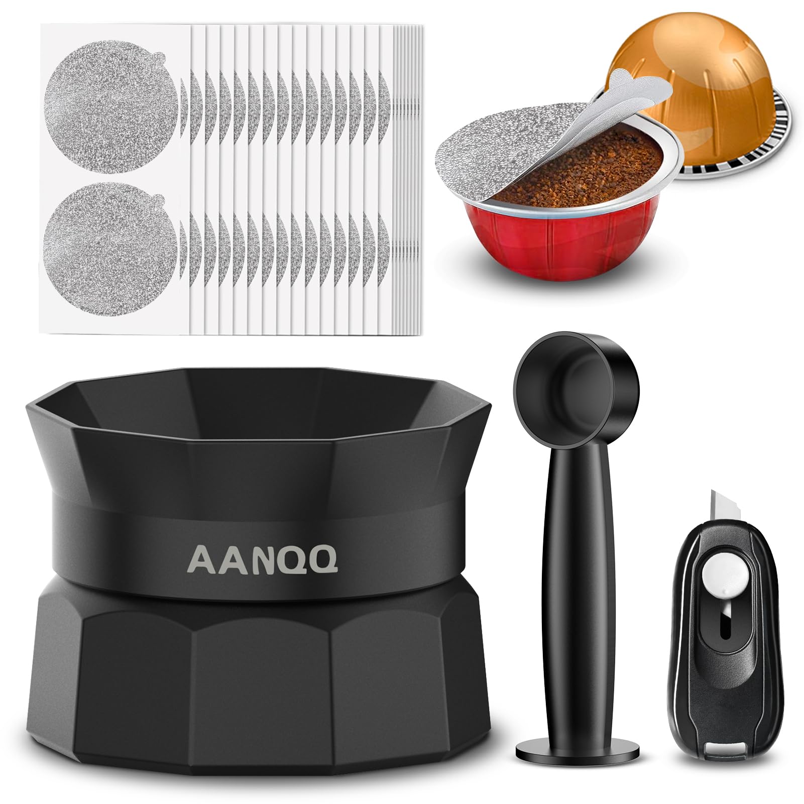 Reusable Nespresso Vertuo Pods Kit: Vertuo Refillable Pods for Faster Seal Nespresso Pods Vertuo Espresso VertuoPlus Coffee Capsules - with 100Pcs Aluminum Foil Seal Lids, Scoop and Lid Opener