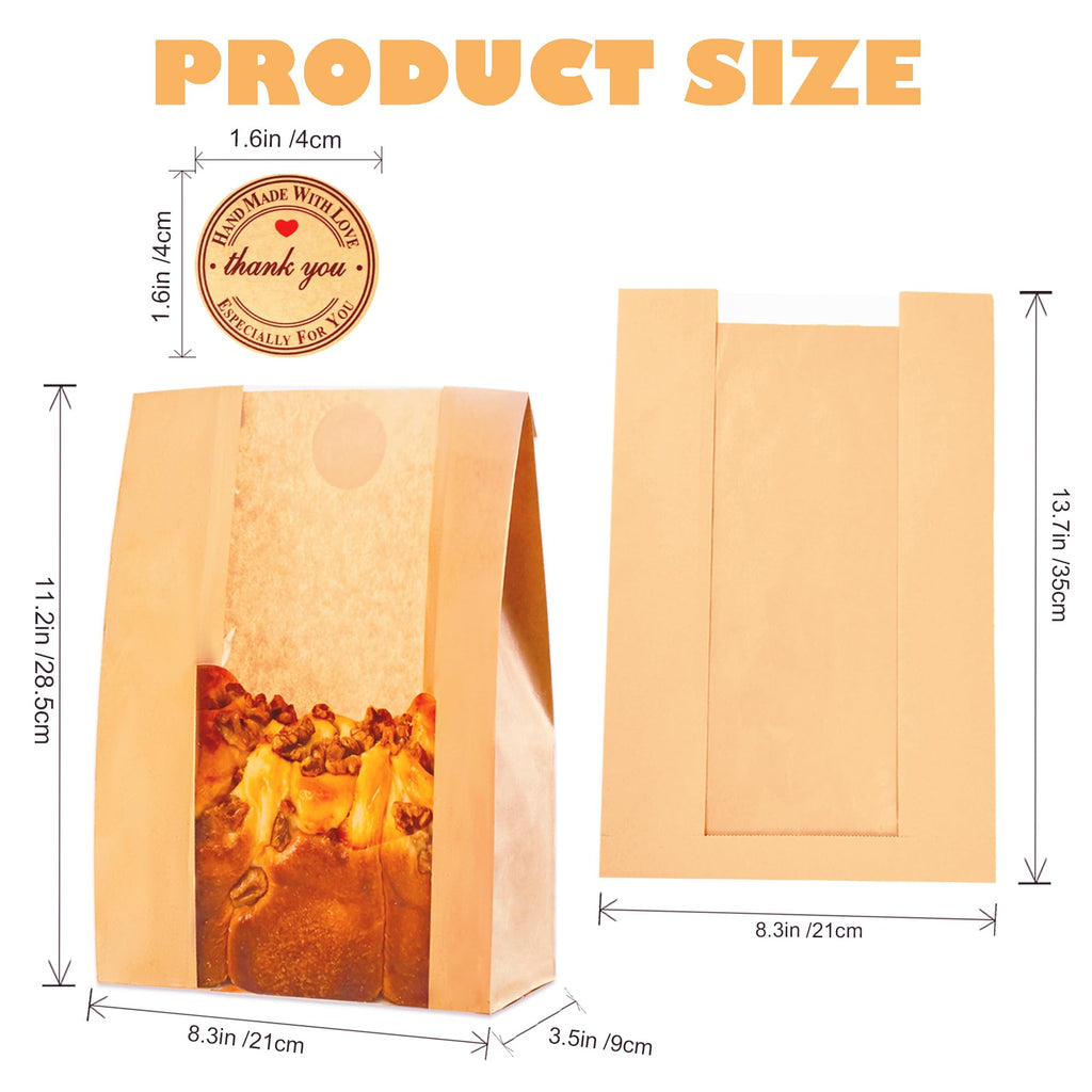 Homrelaxy 120Pcs Paper Bread Bags for Homemade Bread, Sourdough Bag with Window, 13.7 x 8.3 x 3.5 Inch Large Brown Kraft Bakery Bags for Storing Loaves & Snacks, Includes 130 Sealing Stickers