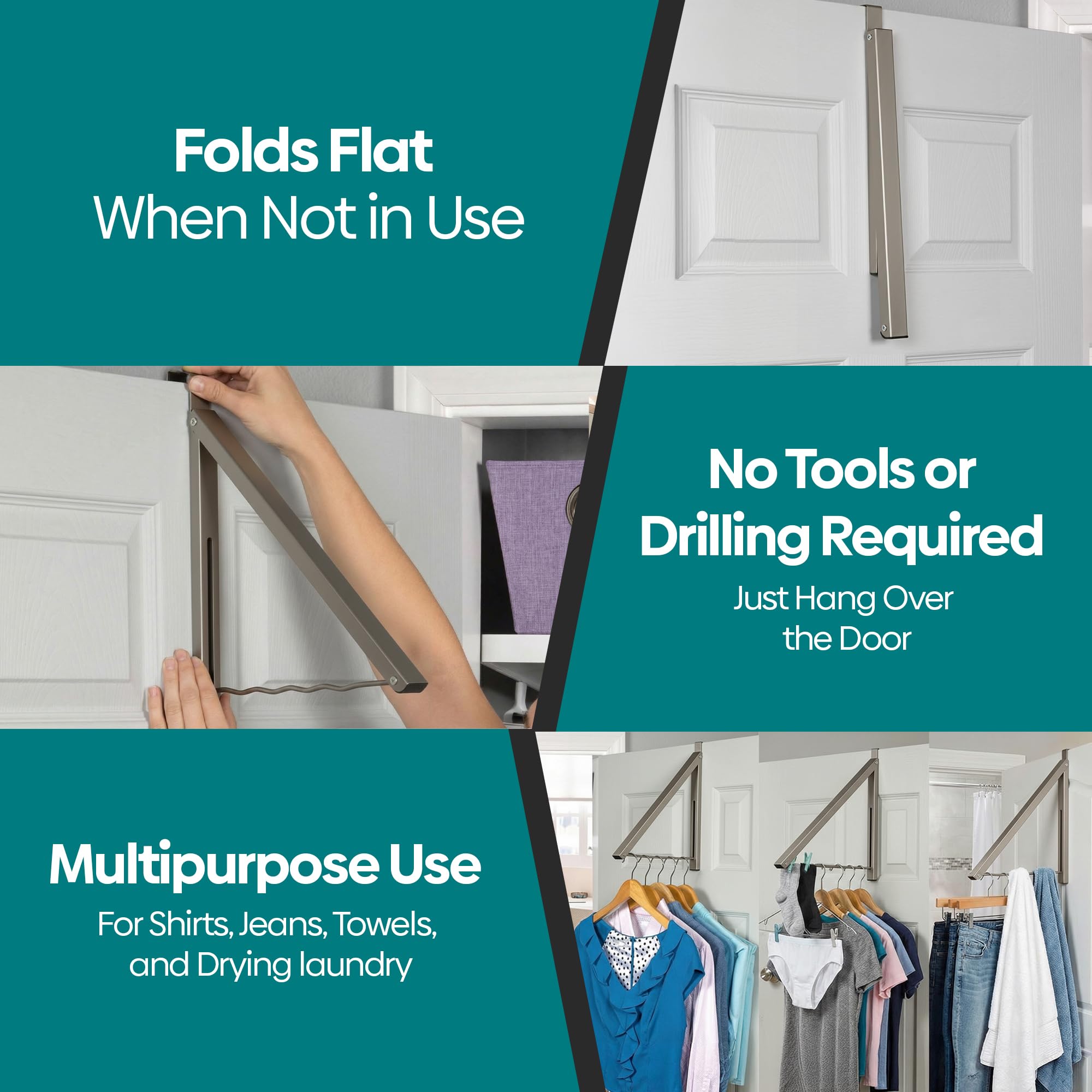Over The Door Hanger - Closet Hanger Retractable Collapsible Folding Hanging Rack Organizer for Clothes & Towels Ideal for Bathrooms, Dorm Rooms Etc. - Satin Nickel (Includes one Hook)
