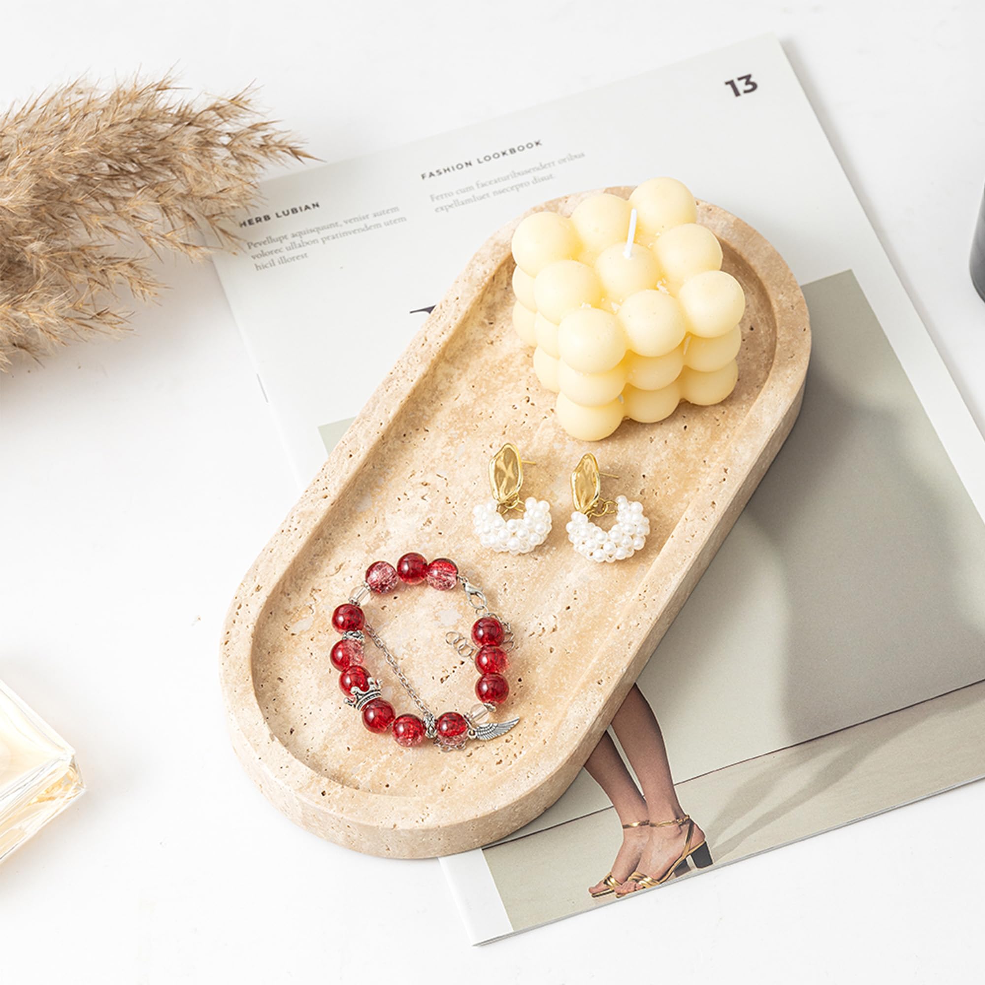 WORHE Italy Natural Travertine Stone Tray for Jewelry, Candles, Perfume, Trinket, Marble Oval Vanity Trays for Bathroom, Dresser, Kitchen, Countertop Storage Organizer Home Decor Beige (WH028)