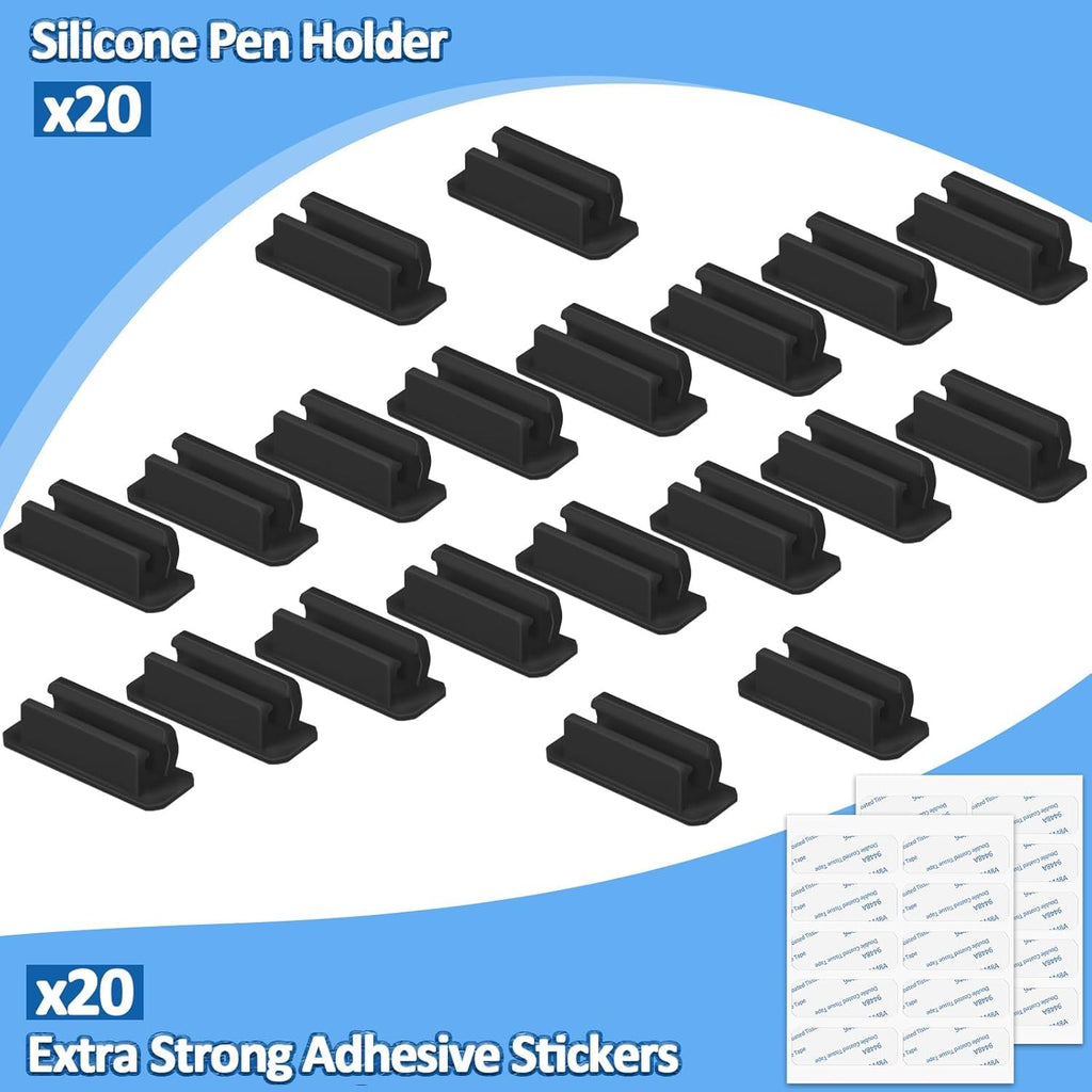 20 Pack Silicone Pen Holder, Adhesive Pen Pencil Holder for Desk Pen Holder Clips Marker Holder with 20 Pcs Extra Sticky Tape for Classroom Office Home Desk Accessories (Black)