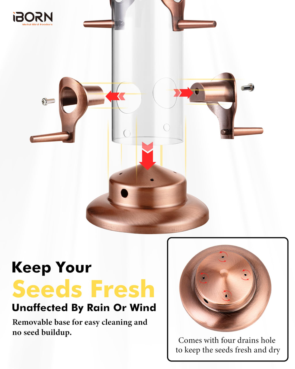 iBorn Metal Bird Feeders Brushed Copper Wild Bird Feeder for Outdoors Hanging All Metal Brushed Copper Finishing 15 Inch 6 Port,Pack of 1(Seed is not Included)