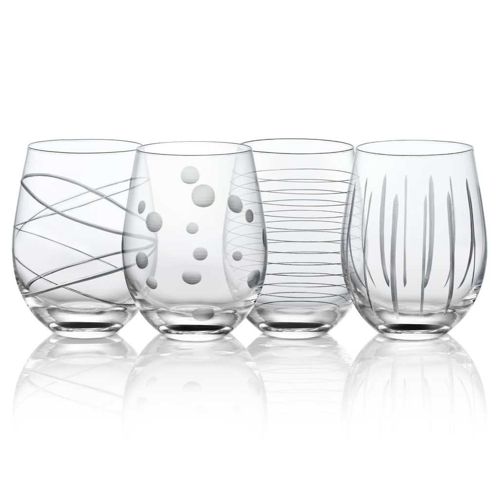 Joeyan 17.5 oz Handmade Etched Stemless Wine Glasses Set of 4, Carved Stripes Dots Crystal Wine Glasses, Large Glass Wine Tumblers for Wine Tasting, Wedding, Anniversary, Party