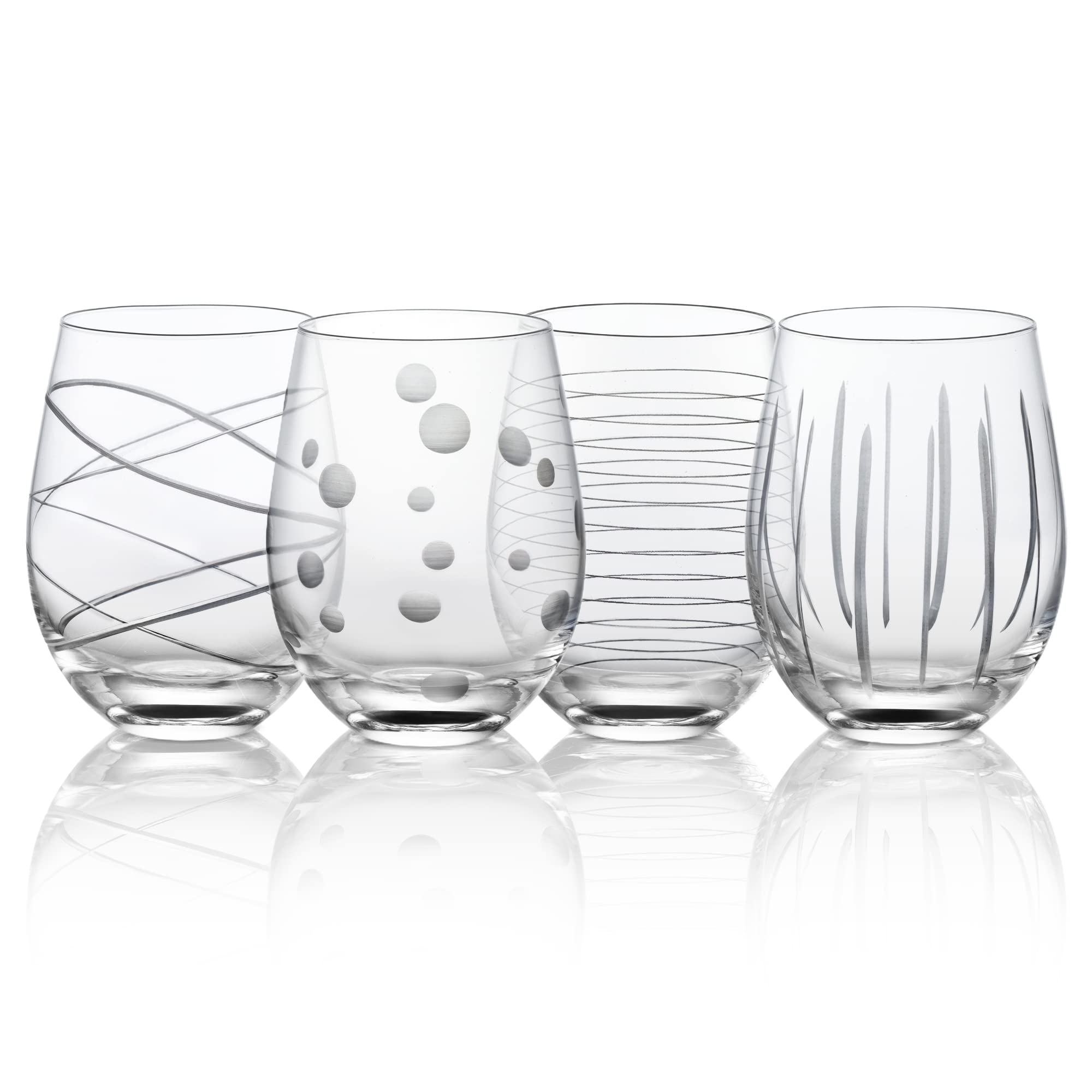 Joeyan 17.5 oz Handmade Etched Stemless Wine Glasses Set of 4, Carved Stripes Dots Crystal Wine Glasses, Large Glass Wine Tumblers for Wine Tasting, Wedding, Anniversary, Party