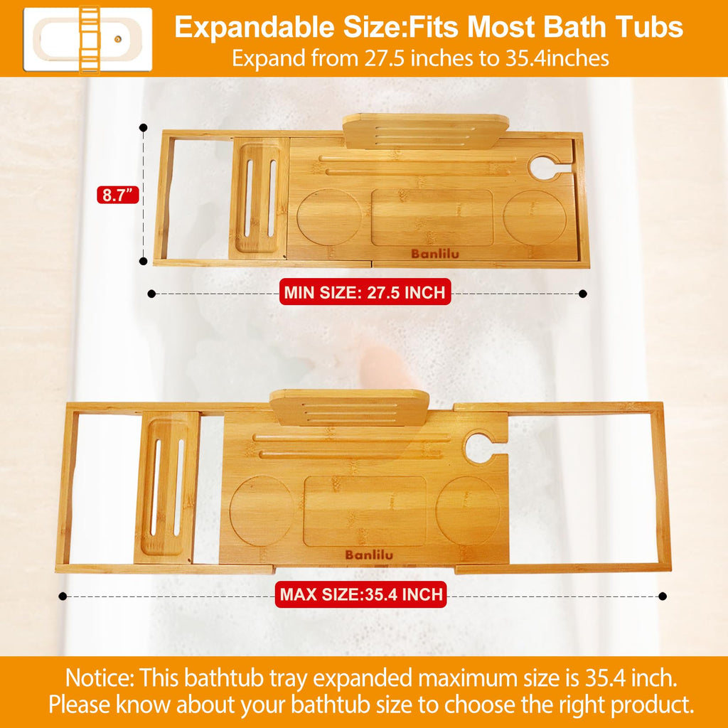 Premium Bamboo Bathtub Tray Caddy - Bath Tray Adjustable - Bathroom Trays for Bathtub,Expandable Size, Fits Most Bath Tubs
