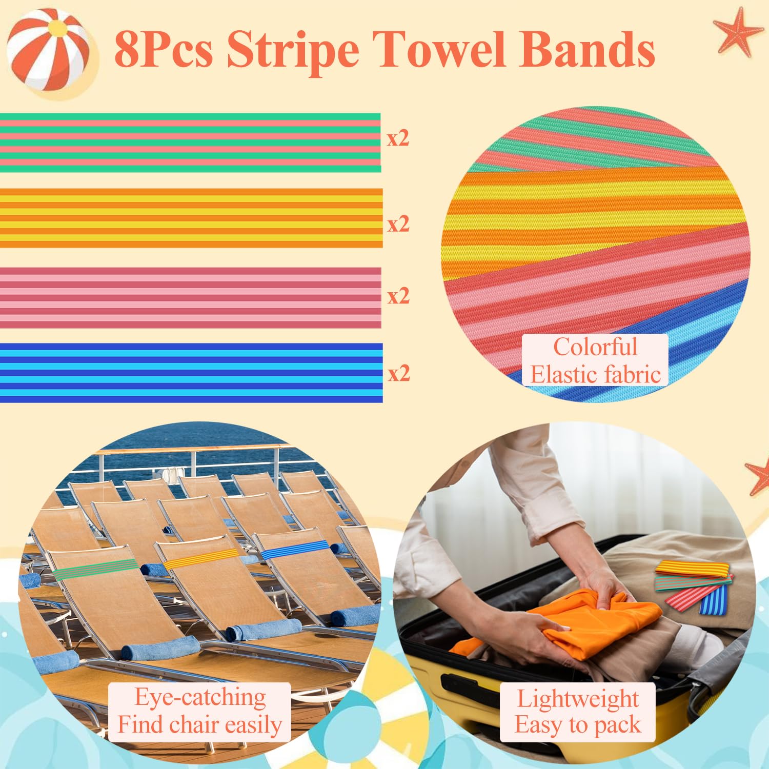 8Pcs Towel Bands for Beach Chairs HADEEONG Towel Clips Elastic Towel Holder Strap for Lounge Beach Pool Cruise Chairs Summer Beach Trip Essentials