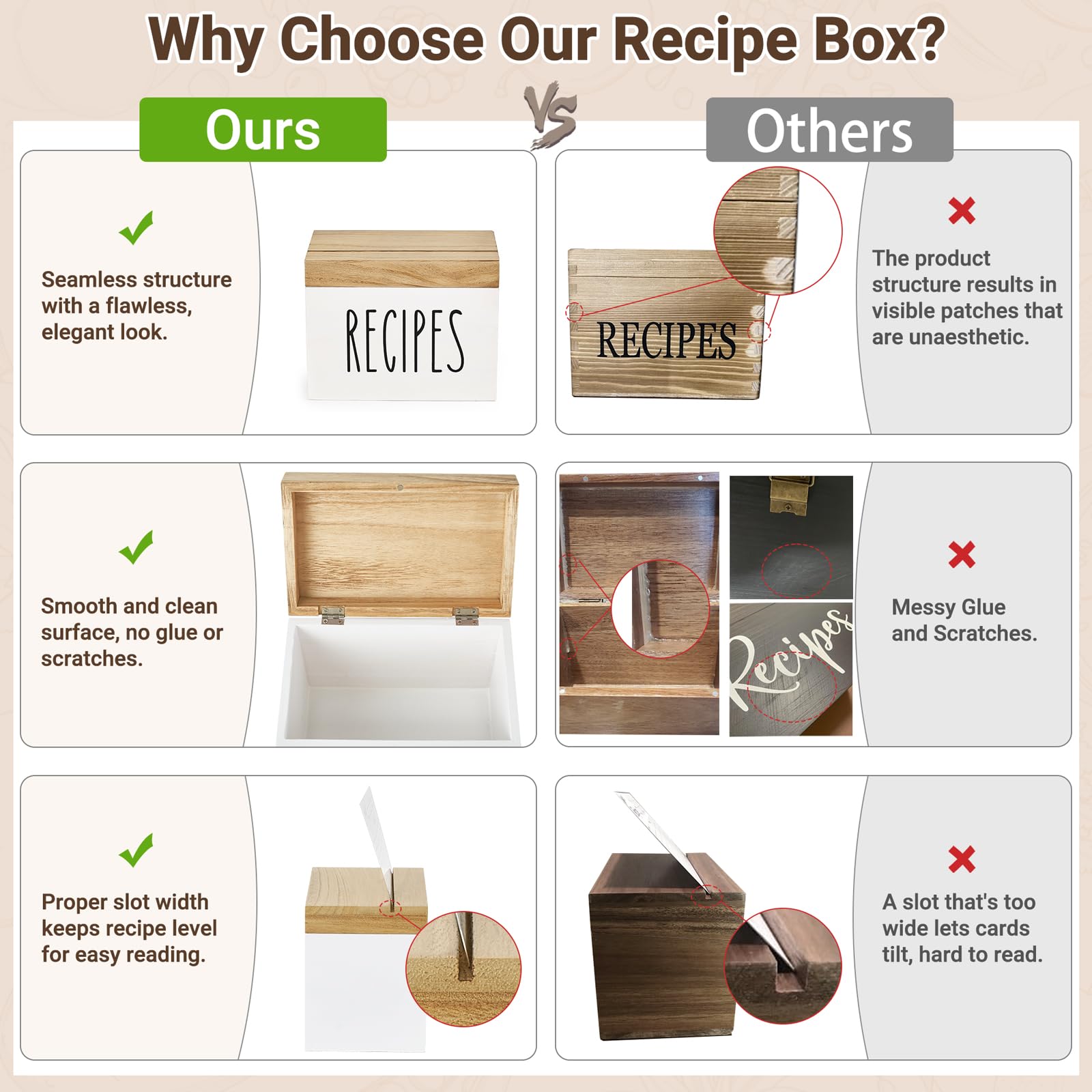Dahey Wooden Recipe Box White Recipe Organizer with 100 Recipe Cards and 6 Dividers, Recipe Card Holder Box Set with Lid and Slots to Write in Your Own Recipes for Cooking Lover Kitchen, 6.9''x4.3''