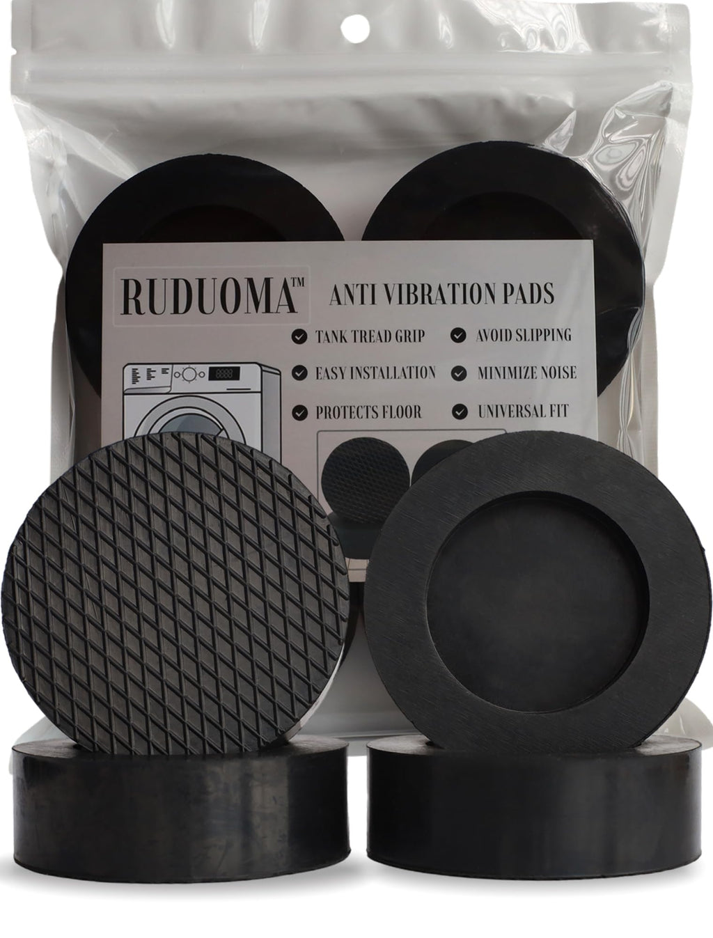 RUDUOMA Anti Vibration Pads for Washing Machine,Universal Washer Dryer Support Foot Pads,4 Pcs,Stops Moving Walking,Noise Cancellation,Rubber Anti Slip Muffling Mat,Washer Feet Stabilizer