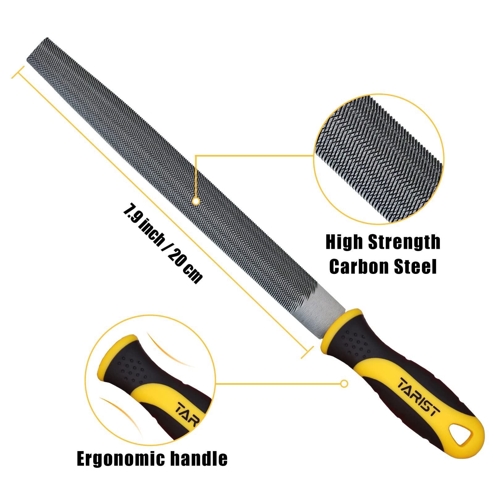 TARIST Metal File Set, 3-Piece, 8-inch,Professional Carbon Steel, Includes Flat/Half-Round/Round,Work for Metal, Wood and More
