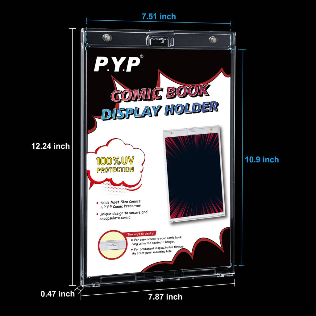 P.Y.P PROTECT YOU PLAY 2pcs Magnetic Comic Book Display Cabinets - Crystal Clear One Touch Strip Book Holder, UV Protection Comic Book Slab Protectors, Wall Mounted Frame, Fits Most