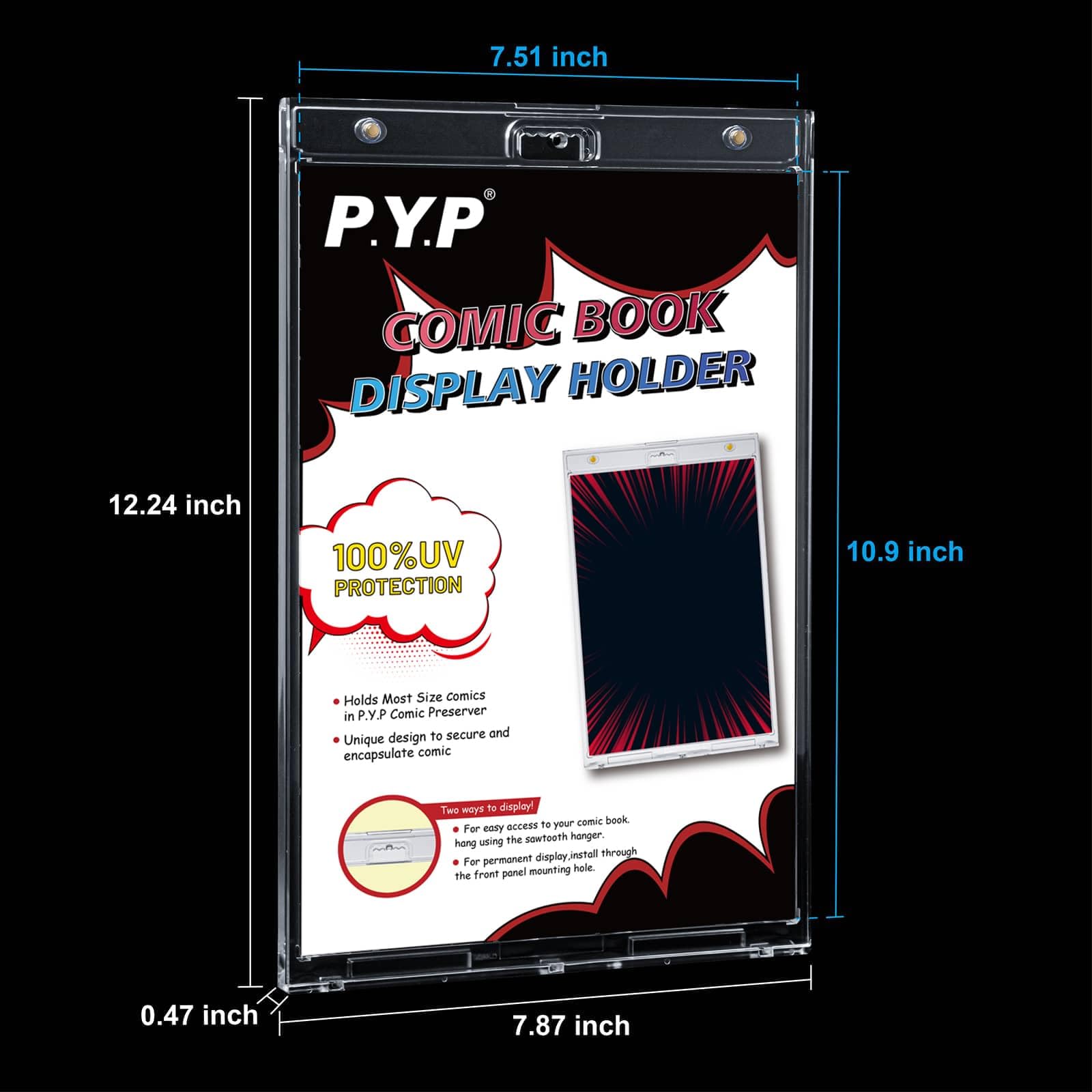 P.Y.P PROTECT YOU PLAY 2pcs Magnetic Comic Book Display Cabinets - Crystal Clear One Touch Strip Book Holder, UV Protection Comic Book Slab Protectors, Wall Mounted Frame, Fits Most