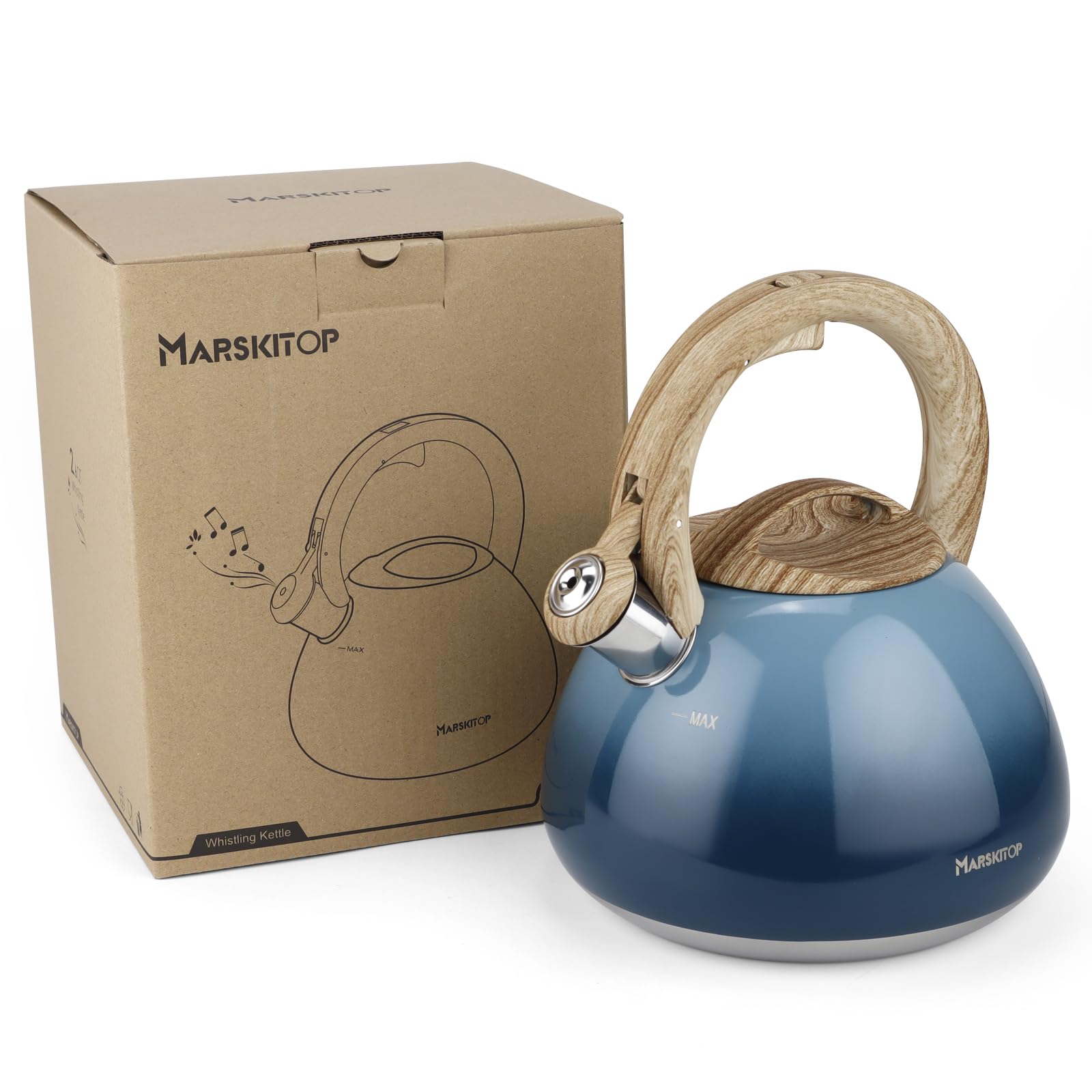Whistling Tea Kettle for Stove Top Stainless Steel Tea Kettle Small Tea Pots 2.6 Quart with Wood Pattern Anti-Hot Handle (Blue)