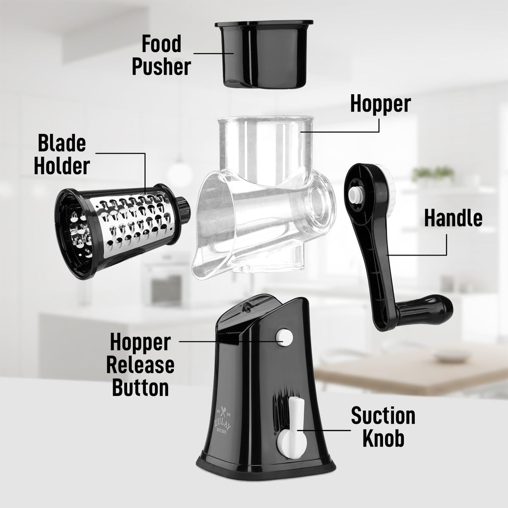 Zulay Kitchen 5-Blade Rotary Cheese Grater - Manual Hand Crank Cheese Shredder with Reinforced Suction & 5 Interchangeable Drums - Vegetable Chopper & Round Mandoline Slicer