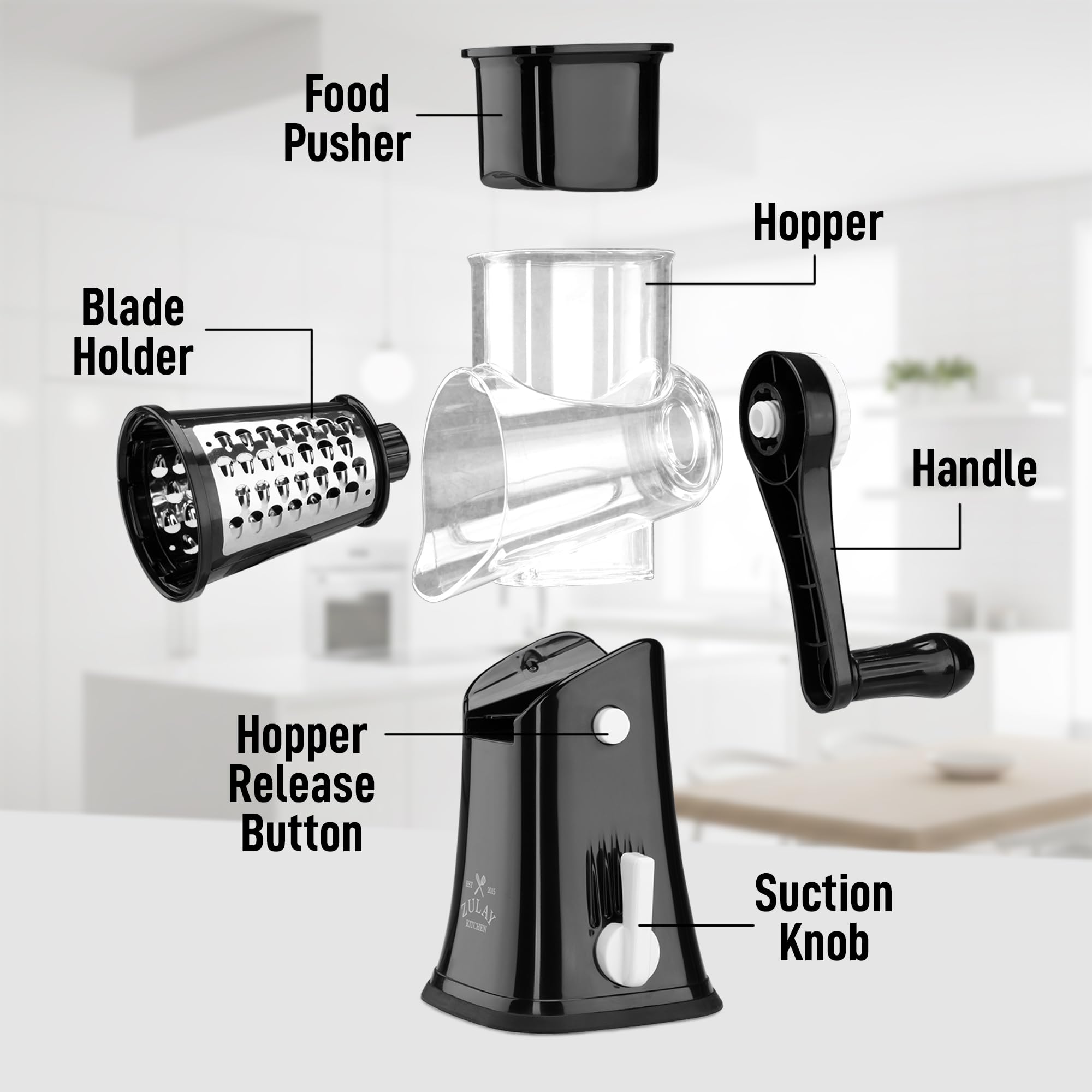 Zulay Kitchen 5-Blade Rotary Cheese Grater - Manual Hand Crank Cheese Shredder with Reinforced Suction & 5 Interchangeable Drums - Vegetable Chopper & Round Mandoline Slicer