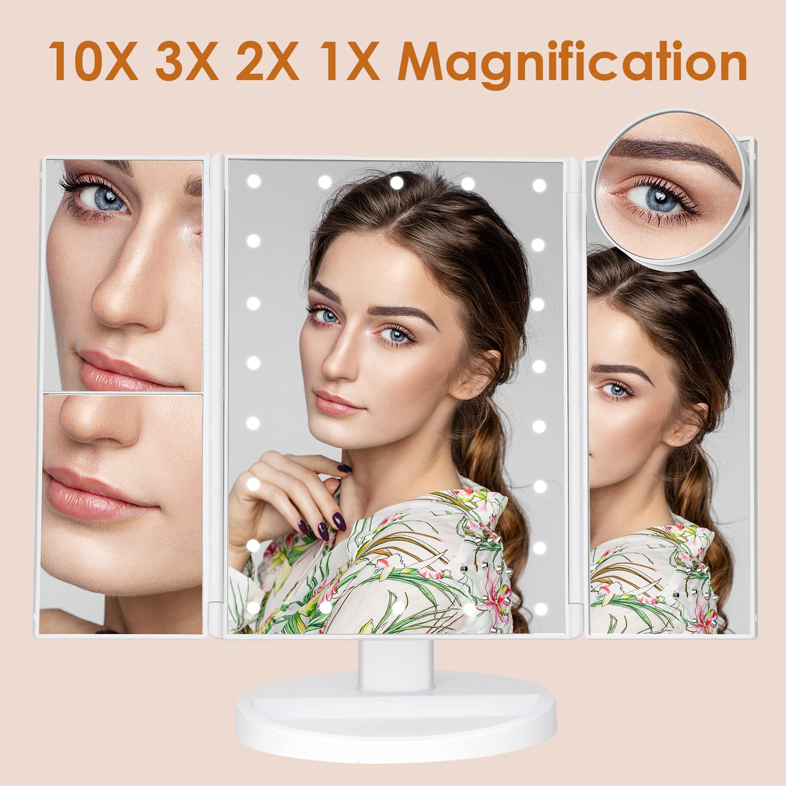 Makeup Mirror Vanity Mirror with Lights, Bathroom Adjustable Brightness Mirrors 1X/2X/3X/10X Magnification and Touch Screen Trifold Makeup Mirror Two Power Supply Modes Women Gift White