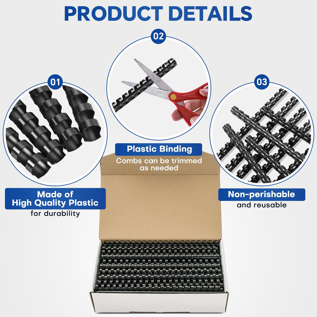 MYFULLY 100 Pack 21 Ring Plastic Comb Binding Spines | 5/8 Inch Diameter, 115 Sheet Capacity, A4, Black Binding Comb (5/8"(115 Sheet Capacity))
