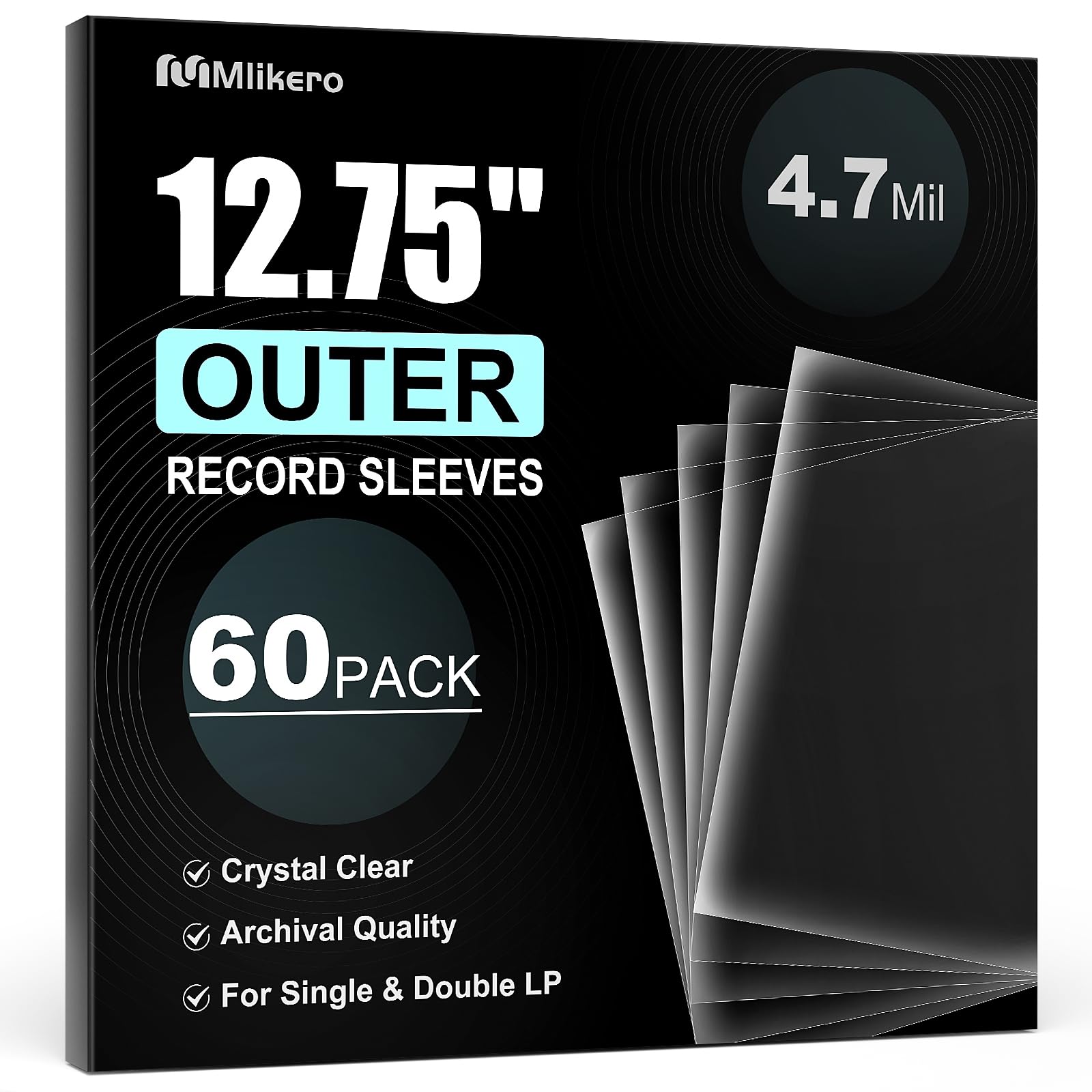 60 Vinyl Record Sleeves Outer, 4.7 Mil Crystal Clear Vinyl Record Sleeves, 12.75'' x 12.75'' Record Sleeve Compatible with Single and Double LP Album Covers