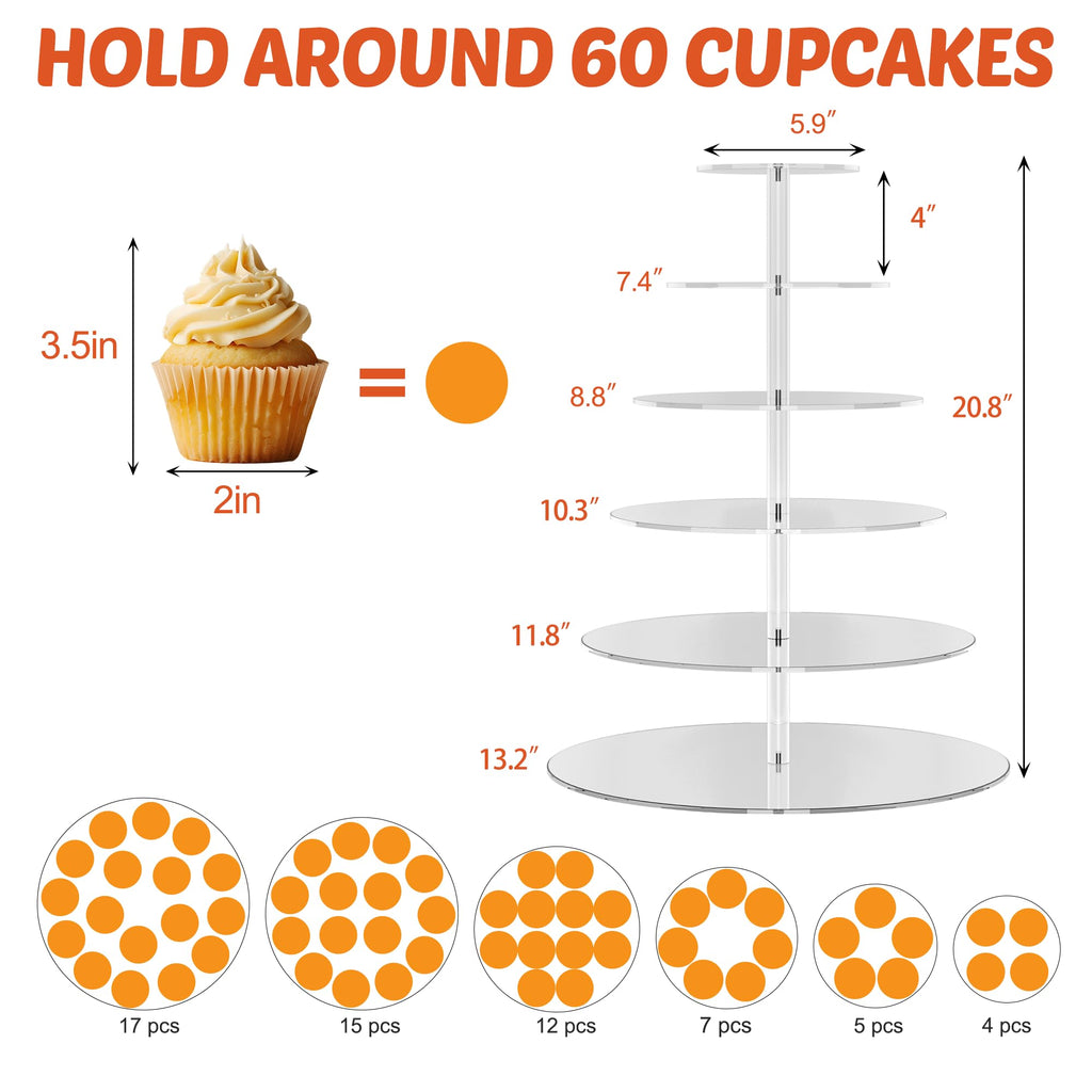 6 Tier Large Acrylic Square Cupcake Stand, Clear Wedding Cupcake Tower Stand, Cupcake Tier Stands for Dessert Table, Tiered Cupcake Holder Stand, Cupcake Display Stand for Birthday Party