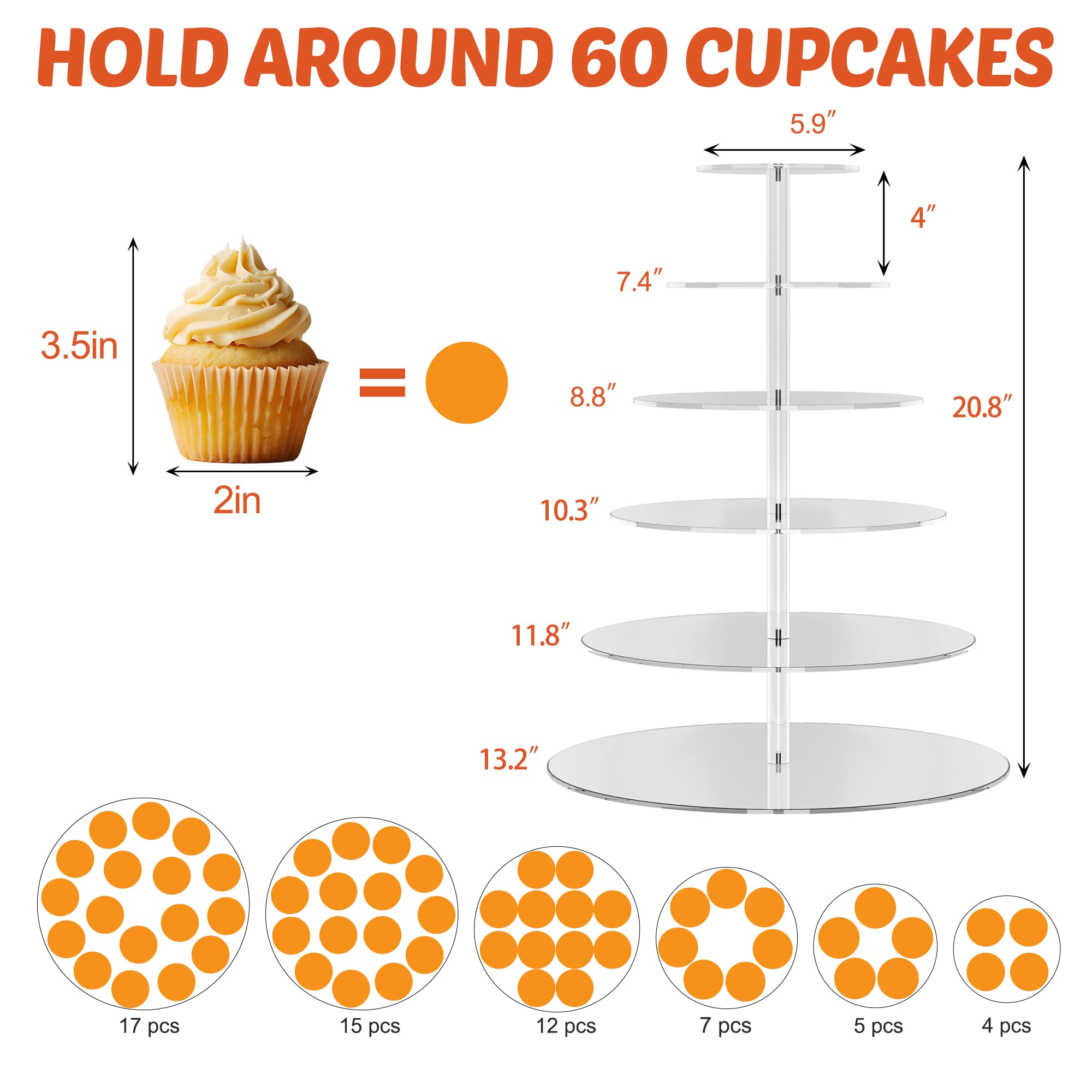 6 Tier Large Acrylic Square Cupcake Stand, Clear Wedding Cupcake Tower Stand, Cupcake Tier Stands for Dessert Table, Tiered Cupcake Holder Stand, Cupcake Display Stand for Birthday Party