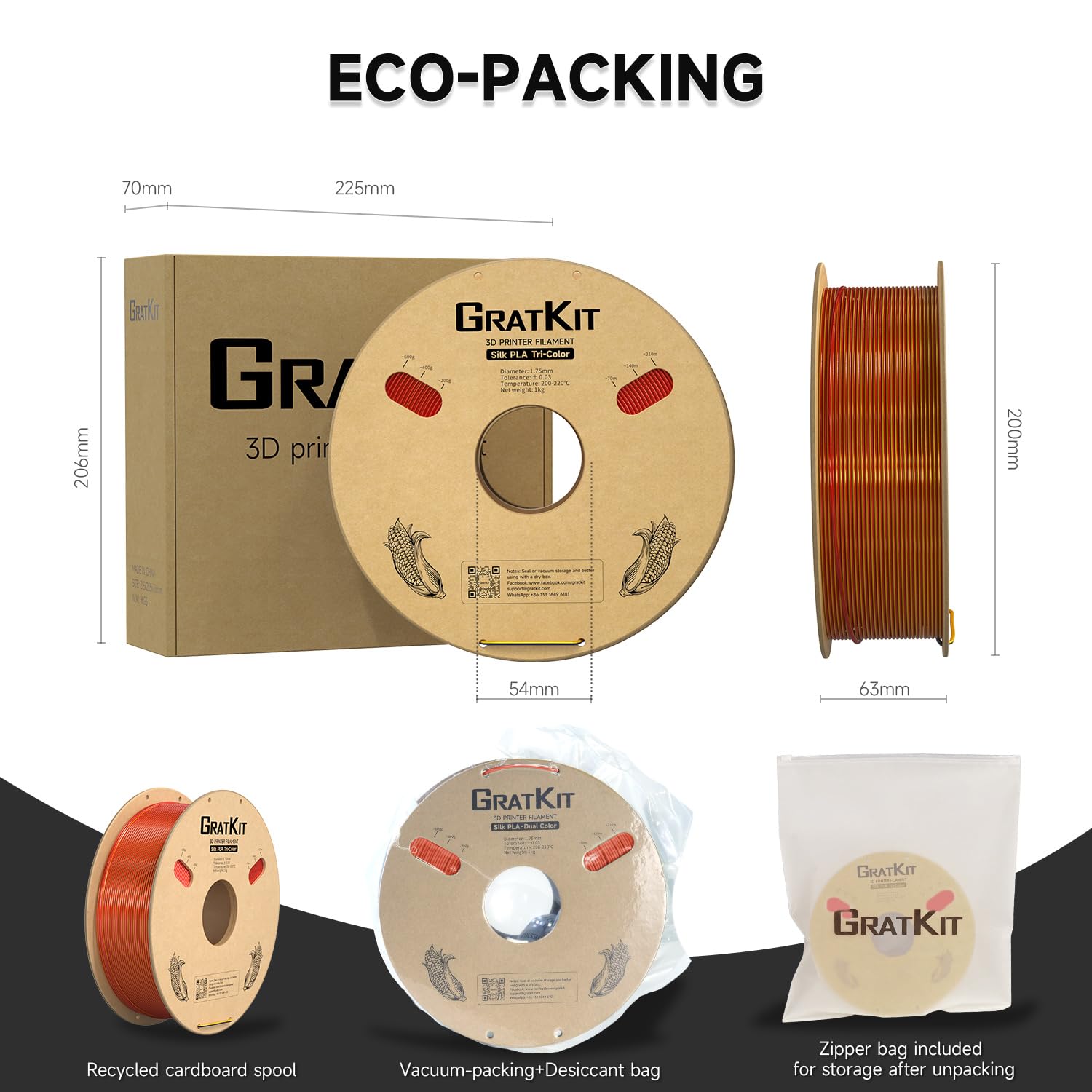 Gratkit Silk Tri-Color PLA Filament，Coextrusion PLA Filament 1.75mm, +/-0.03mm, 1KG/Roll, Silk PLA Red & Gold & Black