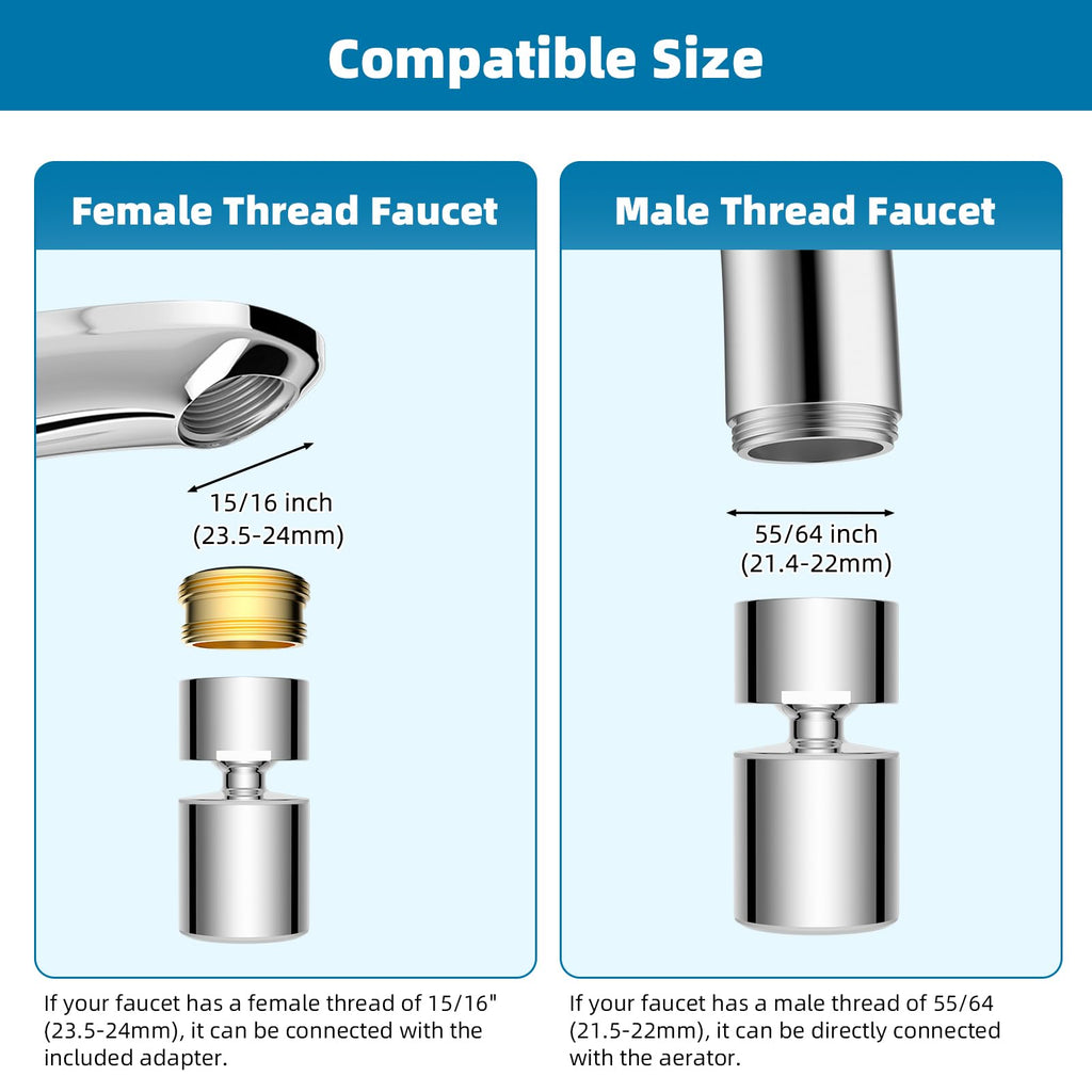Hibbent NSF/ANSI/CAN 61 Certified Faucet Aerator, CUPC Certification 360° Twist Kitchen Sink Aerator, Dual-Function Sink Sprayer Attachment, Faucet Replacement Part 55/64'' Female Thread, Chrome