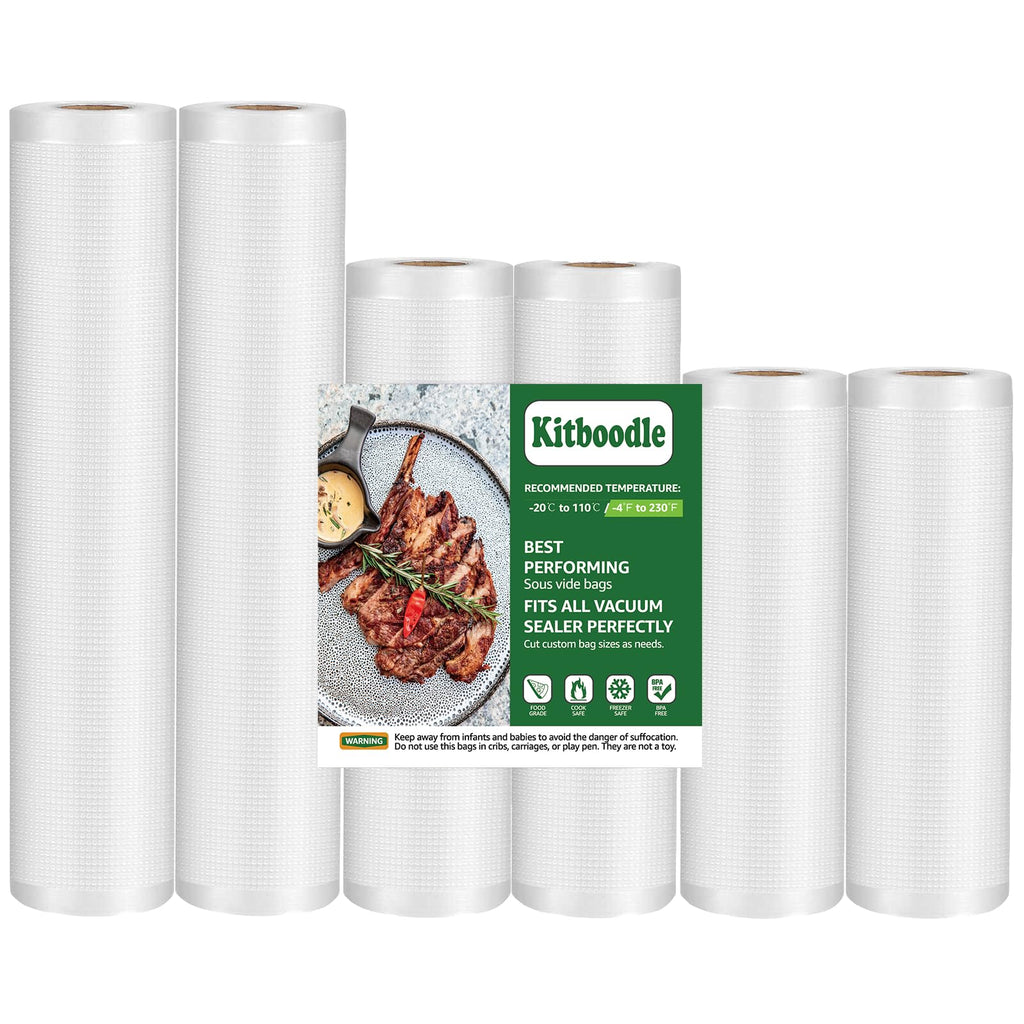 Kitboodle Vacuum Sealer Bags, 11" & 8" & 6" Each 2 Rolls, Rolls Heavy Duty Food Saver Rolls, Commercial Grade Food Vac Bags for Storage, Sous Vide, BPA Free