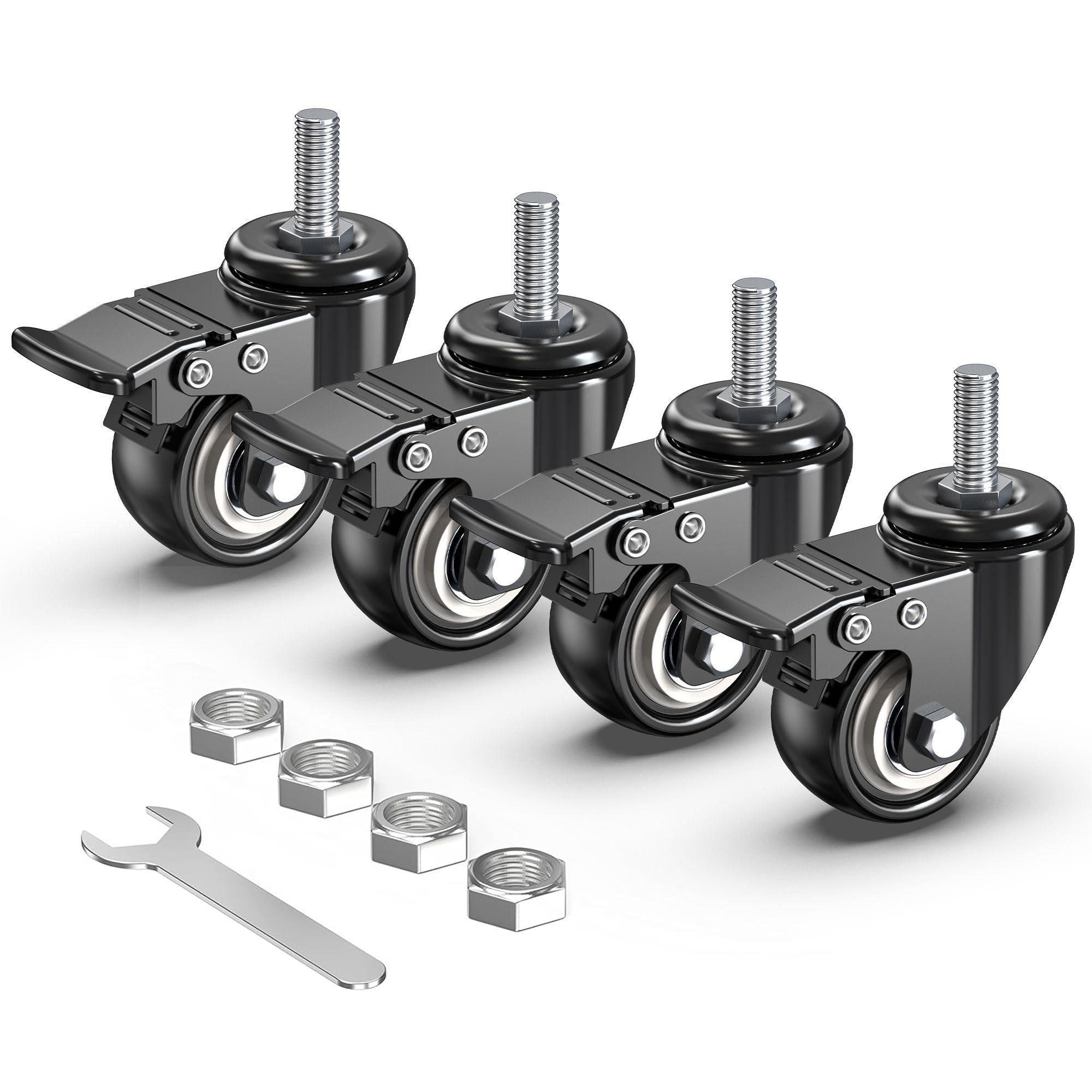 HOLKIE Caster Wheels 2 inch Total Locking Stem Casters, 3/8" -16 x 1 (Stem Diameter 3/8", Stem Length 1") Threaded Stem Casters Swivel Casters Set of 4 Heavy Duty Castors Black