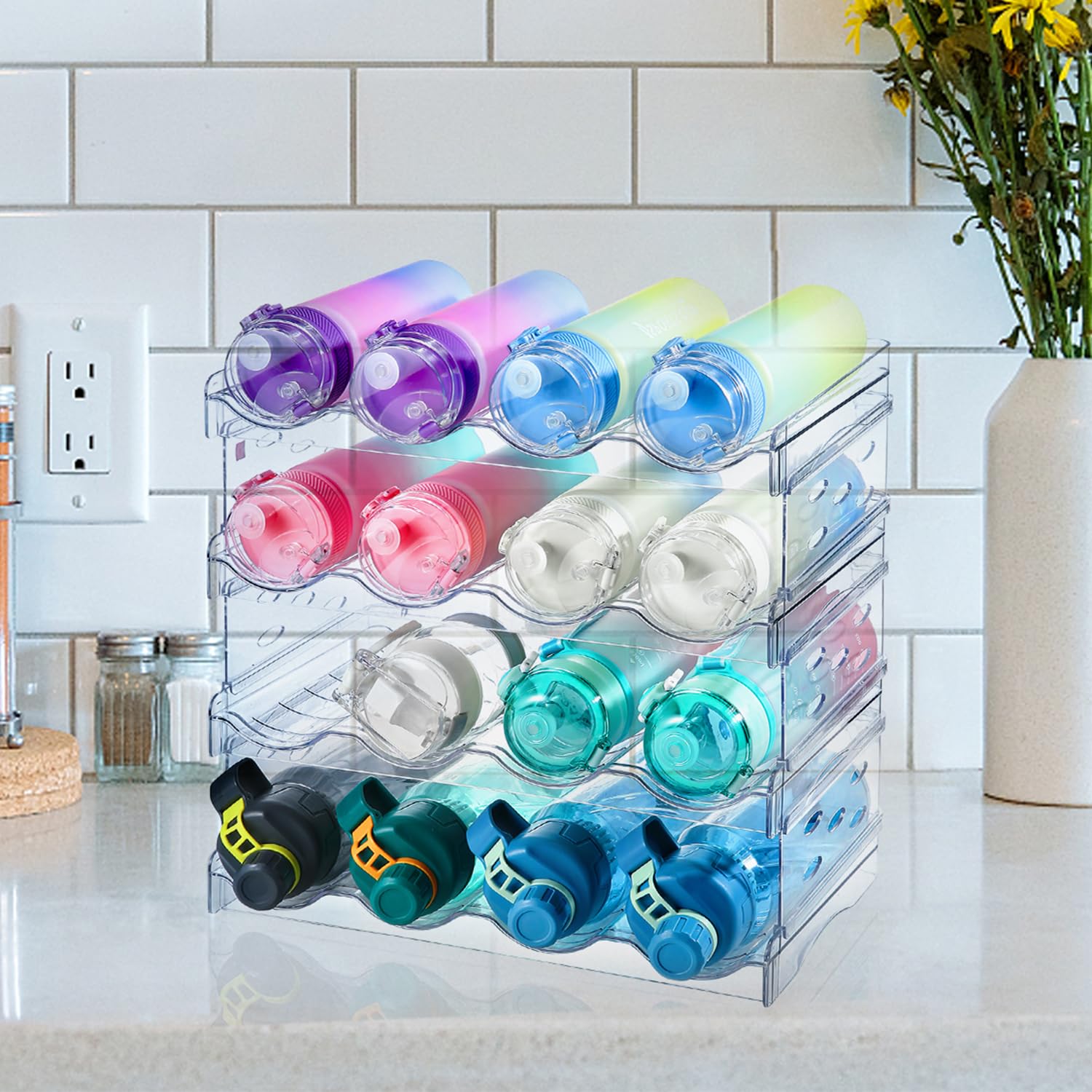 4 Pack Plastic Water Bottle Organizer Rack, Stackable Storage Holder Rack - Water, Wine, and Drink Organizer Shelf for Kitchen Countertop, Cabinet, Pantry, Fridge, Freezer