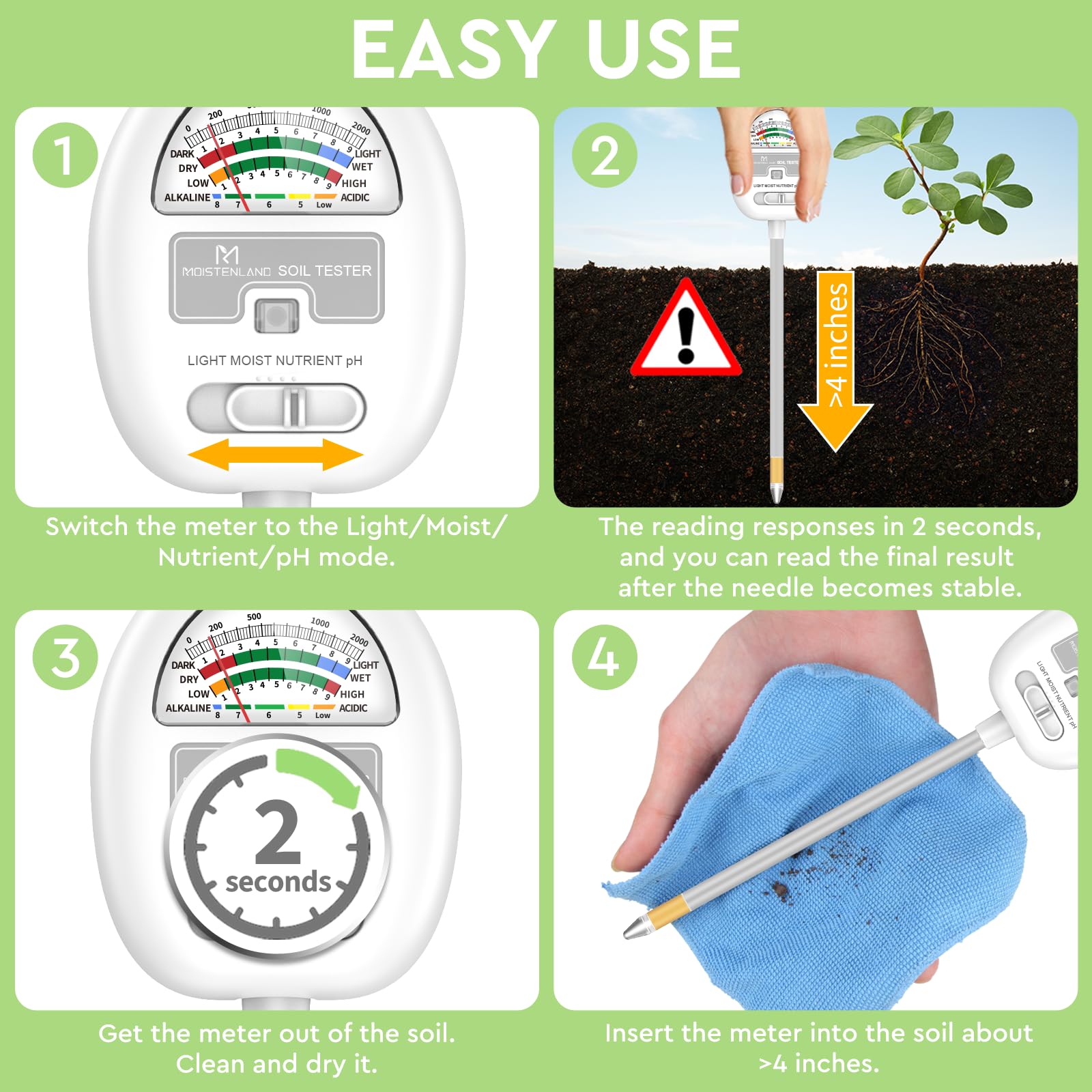 [Upgraded] Soil Moisture Meter, 4-in-1 Soil pH Tester, Soil Moisture/Light/Nutrients/pH Meter for Gardening, Lawn, Farming, Indoor & Outdoor Plants Use, No Batteries Required