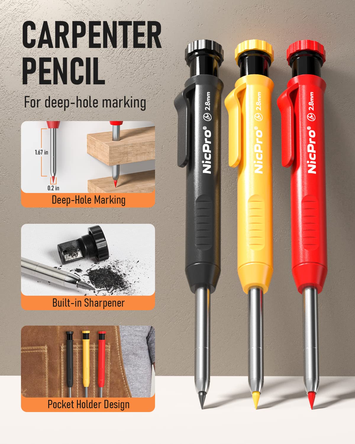 Nicpro 3 Pack Carpenter Pencil with Sharpener & Cap, Mechanical Carpenter Pencils with 39 Refills (Red, Black, Yellow), Deep Hole Marker Construction Heavy Duty Woodworking Pencils - With Case